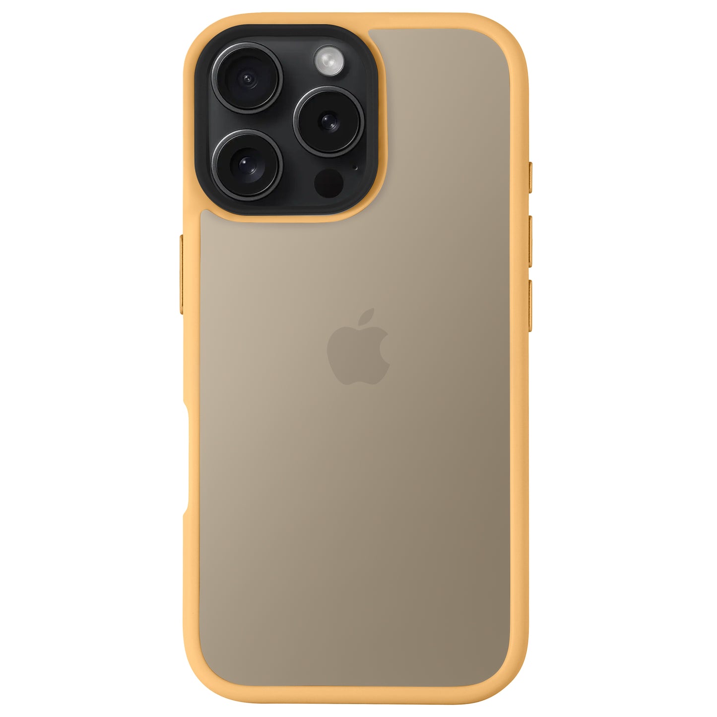 Ein goldenes iPhone 16 Pro mit dreifacher Rückkamera, gezeigt in einem Arktis iPhone 16 Pro Solid Case von Arktis – einer gelben, stoßdämpfenden TPU-Silikonhülle mit einer durchsichtigen Rückseite mit dem Apple-Logo.
