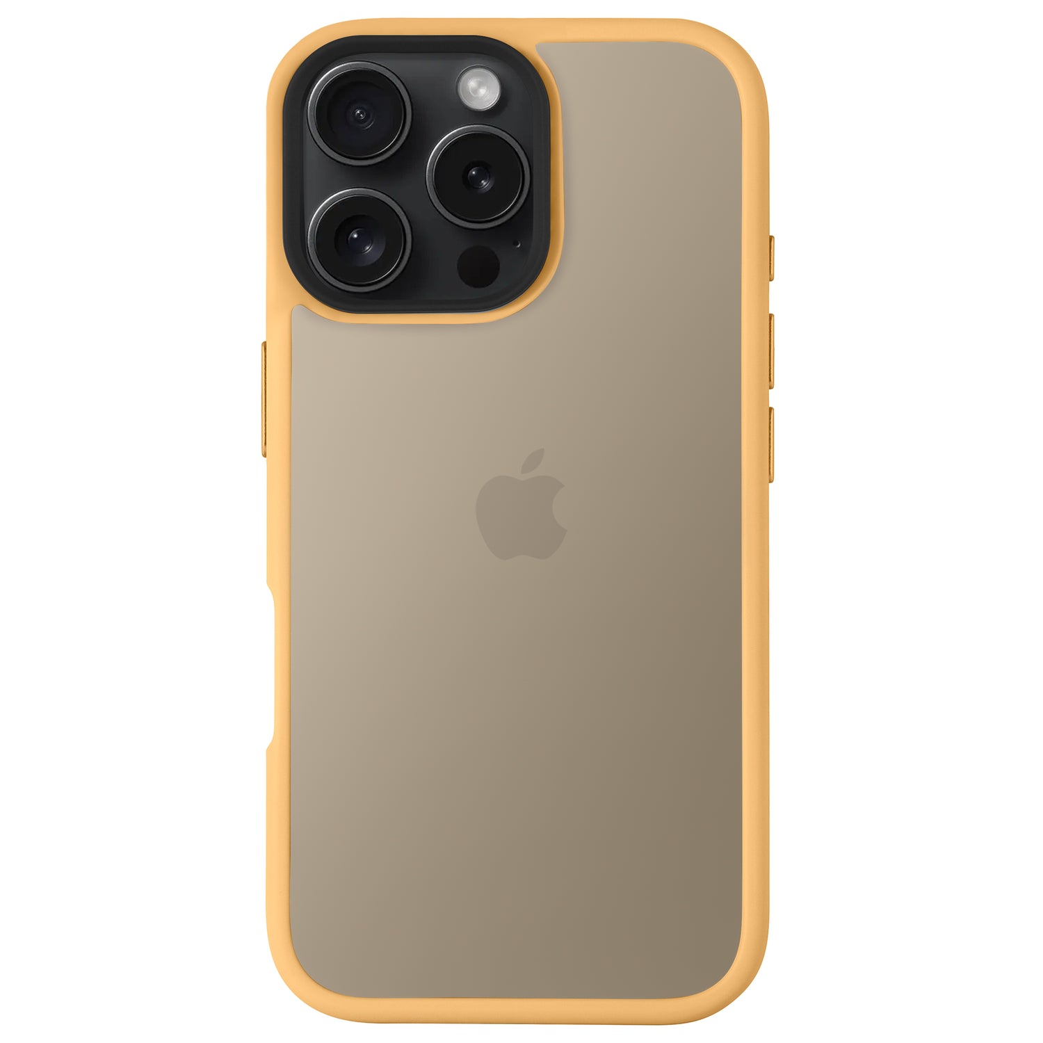 Ein goldenes iPhone 16 Pro mit dreifacher Rückkamera, gezeigt in einem Arktis iPhone 16 Pro Solid Case von Arktis – einer gelben, stoßdämpfenden TPU-Silikonhülle mit einer durchsichtigen Rückseite mit dem Apple-Logo.