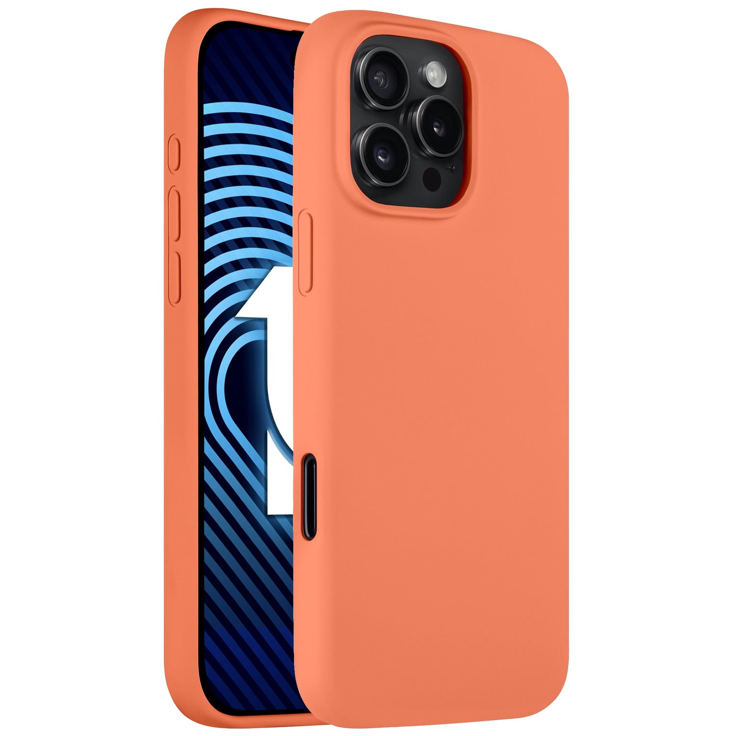 Das arktis iPhone 16 Pro Max Silikon Case von Arktis in Orange schützt dein Gerät und ist kabelloses Laden geeignet – hier auf einem iPhone 16 Pro Max mit blau-weiß gemustertem Display, das die Zahl 1 zeigt.