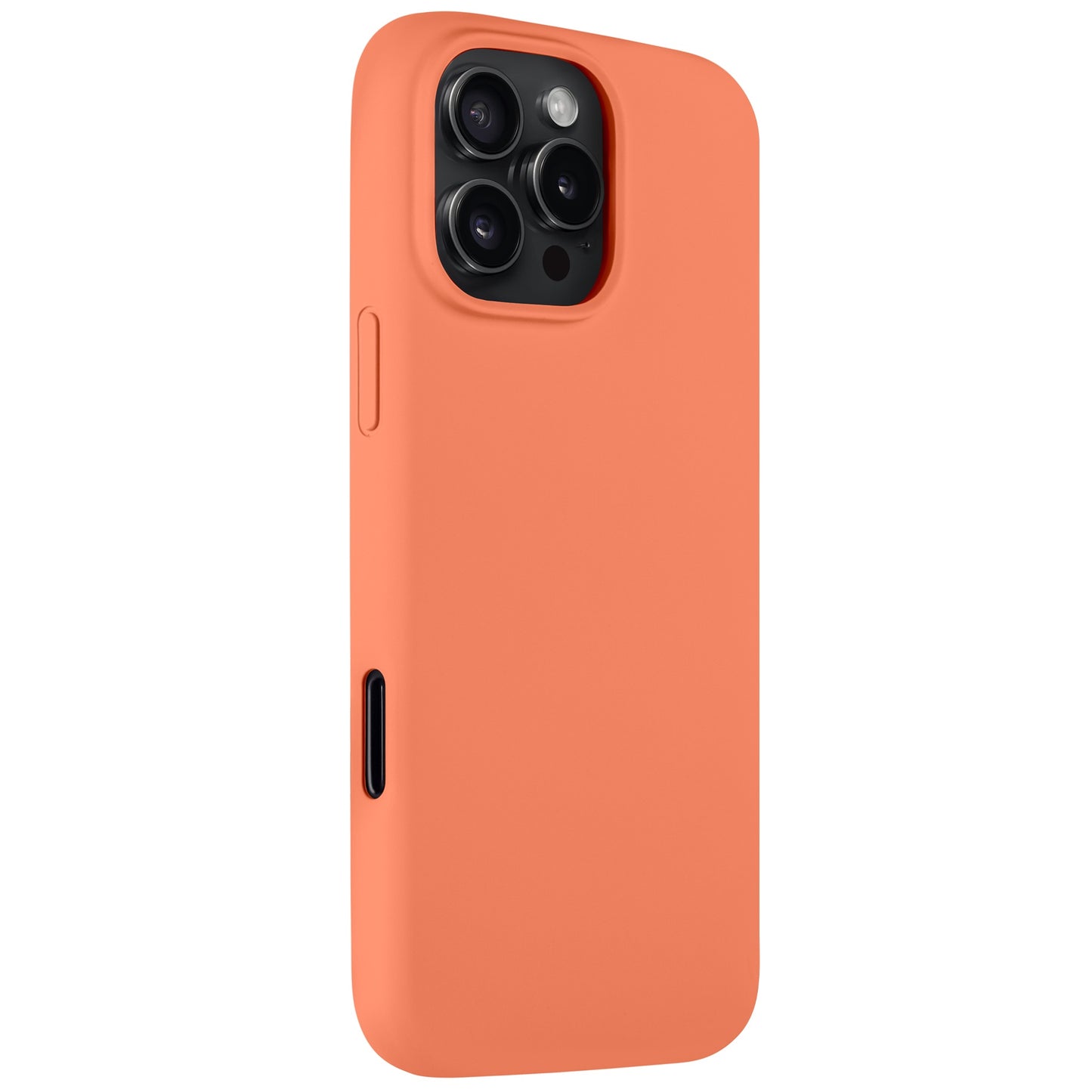 Das arktis iPhone 16 Pro Max Silikon Case von Arktis in Korallen-Orange zeigt Kameraausschnitt und seitliche Tasten; Schlankes Design, kompatibel mit kabellosem Laden.