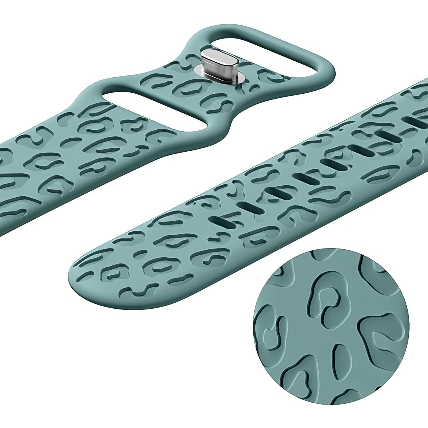 Nahaufnahme des arktisband Apple Watch Armbands „Leopard“ in Blaugrün mit abstraktem Leopardenmuster, Schnalle und vergrößerter Textur. Kompatibel mit der Apple Watch für einen modernen, stylischen Look von arktisband.