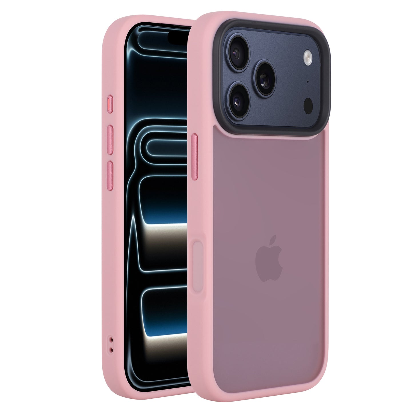 Zwei pinke arktis iPhone 17 Pro Max Solid Cases von Arktis mit stoßabsorbierender, matter Oberfläche zeigen die Vorderseite und Rückkamera des Smartphones.