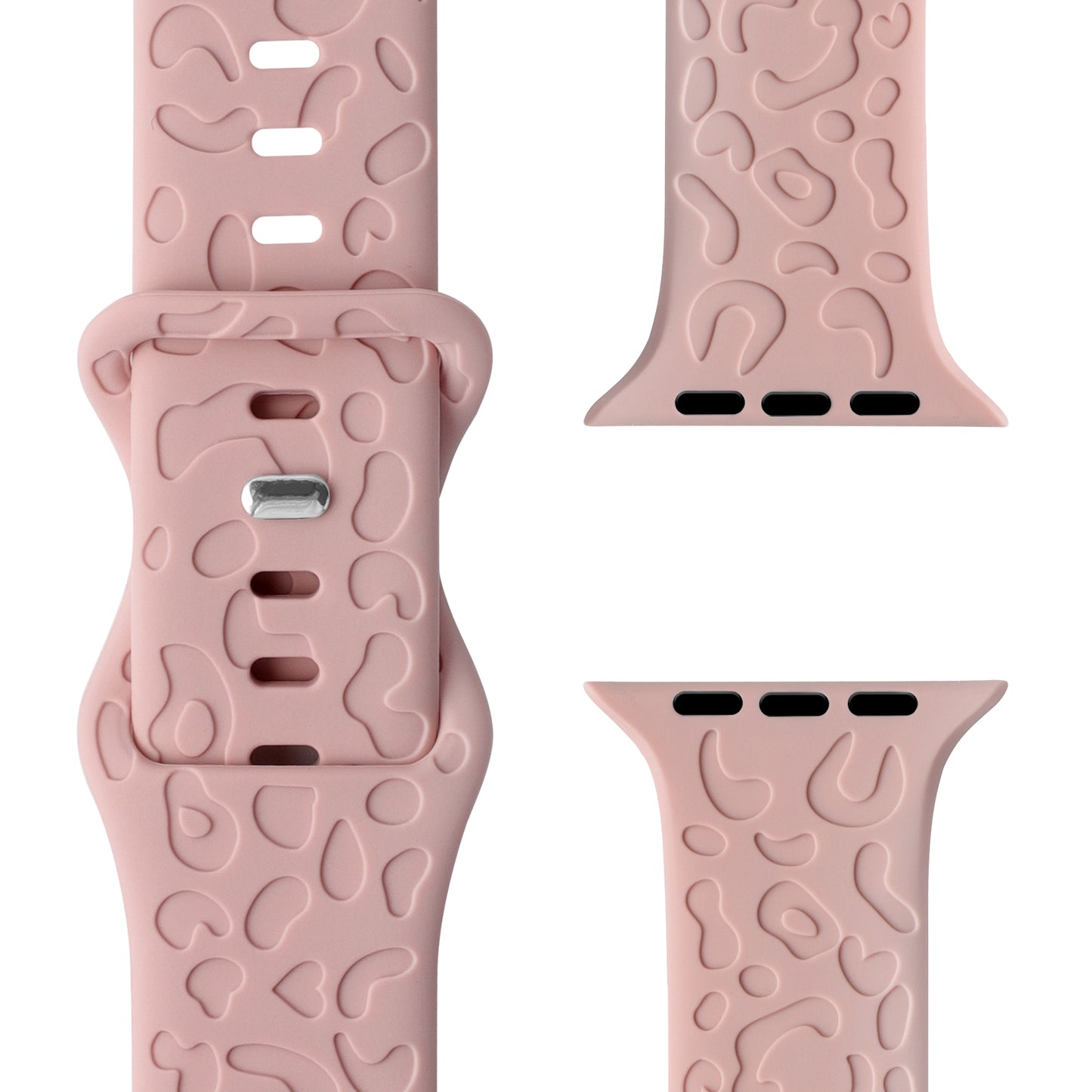 Das arktisband Apple Watch Armband „Leopard“ ist ein hellrosa Silikonarmband mit abstraktem Reliefmuster. Das Bild zeigt eine Nahaufnahme des Verschlusses, der strukturierten Oberfläche und der Verbindungsenden. Kompatibel mit der Apple Watch.