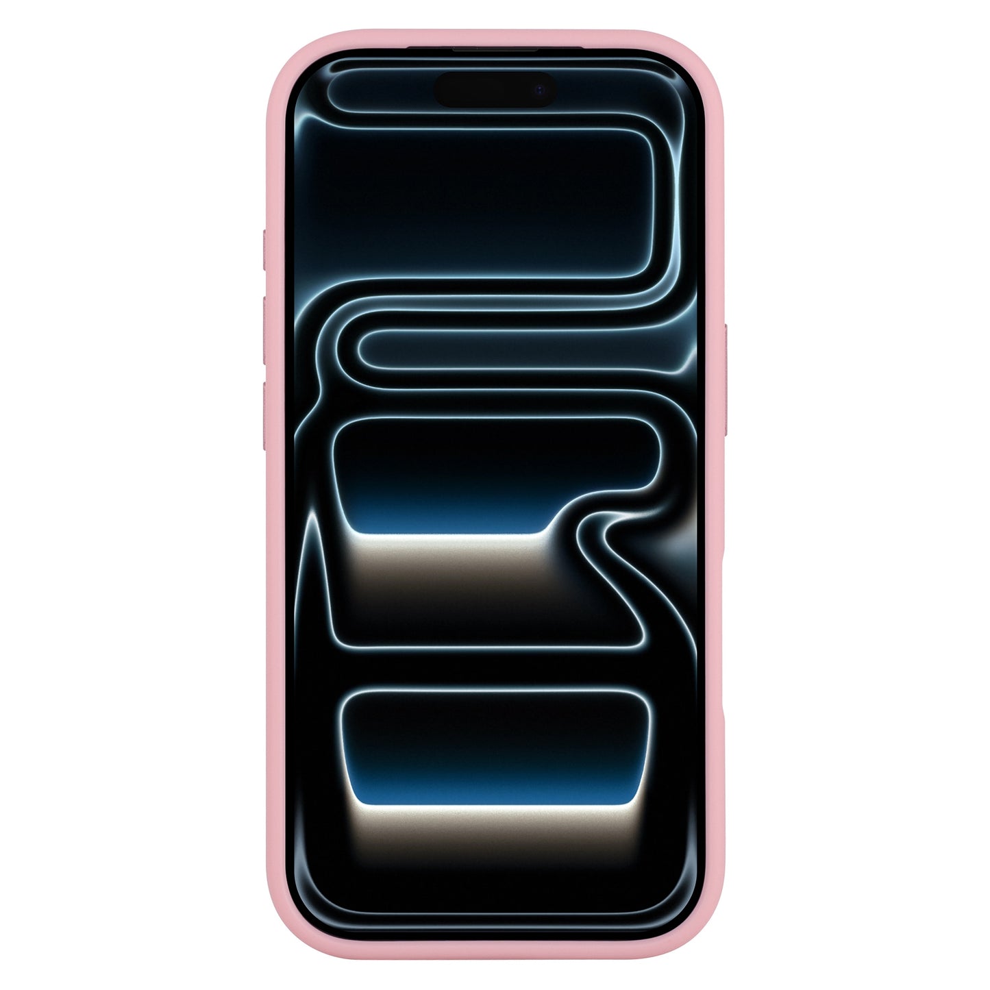 Ein Arktis iPhone 17 Pro Max Solid Case in mattem Pink schützt das Telefon, das ein futuristisches schwarz-blaues abstraktes Wallpaper auf dem Bildschirm zeigt.