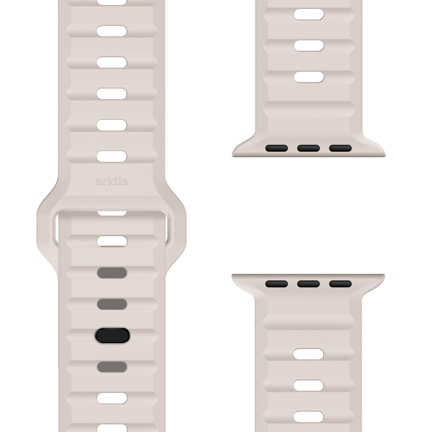 Nahaufnahme des arktisband Apple Watch Silikonarmbands „Active“ in Beige mit geripptem Design, ovalen Einstelllöchern für Atmungsaktivität und zwei Schnellverschlüssen, aus verschiedenen Winkeln auf weißem Hintergrund dargestellt.