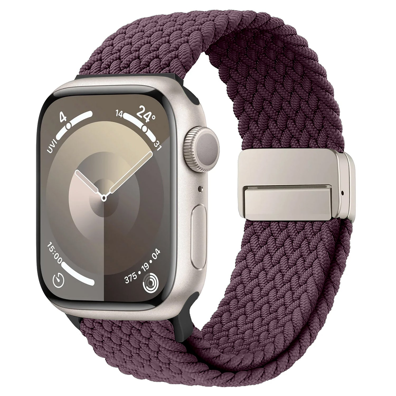Das von arktisband geflochtene Apple Watch Armband „Casual“ mit Magnetverschluss ist in Lila abgebildet, gepaart mit einer Uhr mit silbernem Gehäuse schräg auf Weiß – perfekt für Apple Watch-Fans, die nach stilvoller Einzigartigkeit suchen.