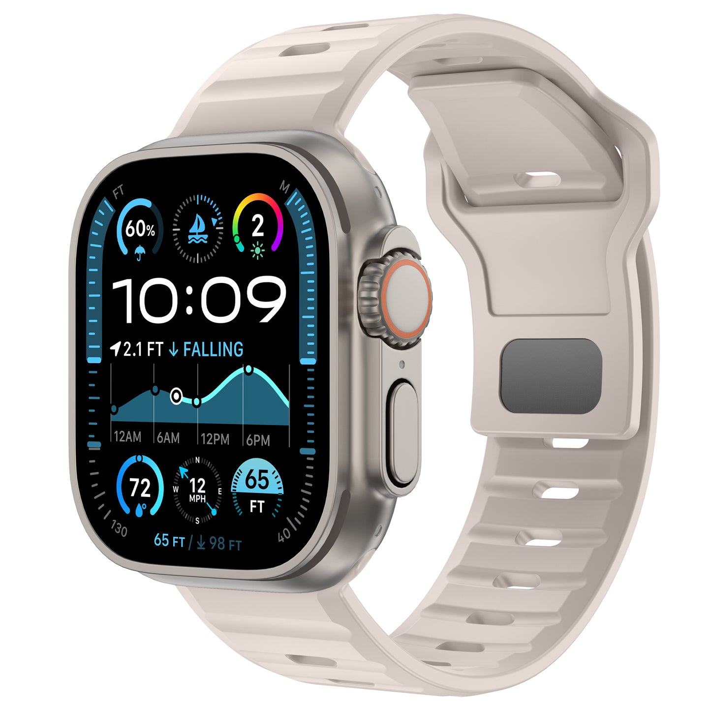 Eine Nahaufnahme eines arktisband Apple Watch Silikonarmbands "Active" von arktisband in Hellgrau, befestigt an einer Apple Watch mit einem rechteckigen Display, das Gesundheits- und Wetterdaten anzeigt. Die Uhrzeit auf dem Bildschirm ist 10:09 Uhr.