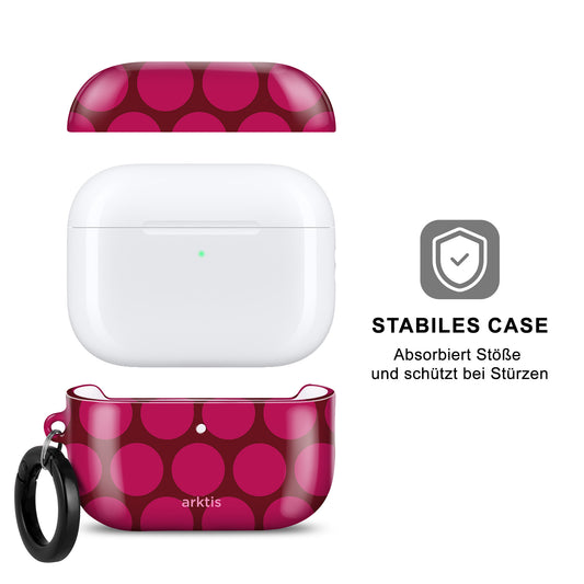 Die „arktis AirPods Pro 3“-Hülle – Polka Dots der Marke arktis präsentiert sich offen in einem rosa Punktdesign, ist robust (mit Haltbarkeitssymbol) und unterstützt kabelloses Laden.