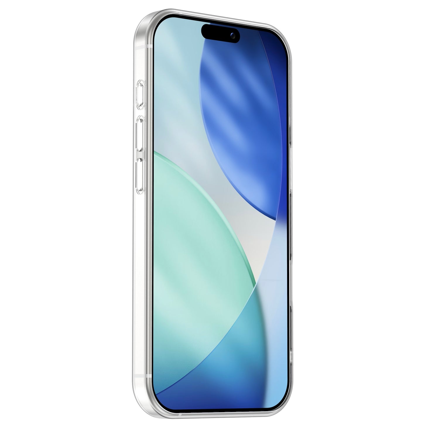 Das arktis iPhone 17 Pro ZERO Case von arktis, hier in der schrägen Seitenansicht, schützt ein Smartphone mit silbernem Rahmen und blauem abstraktem Hintergrundbild in einem ultradünnen transparenten Design.