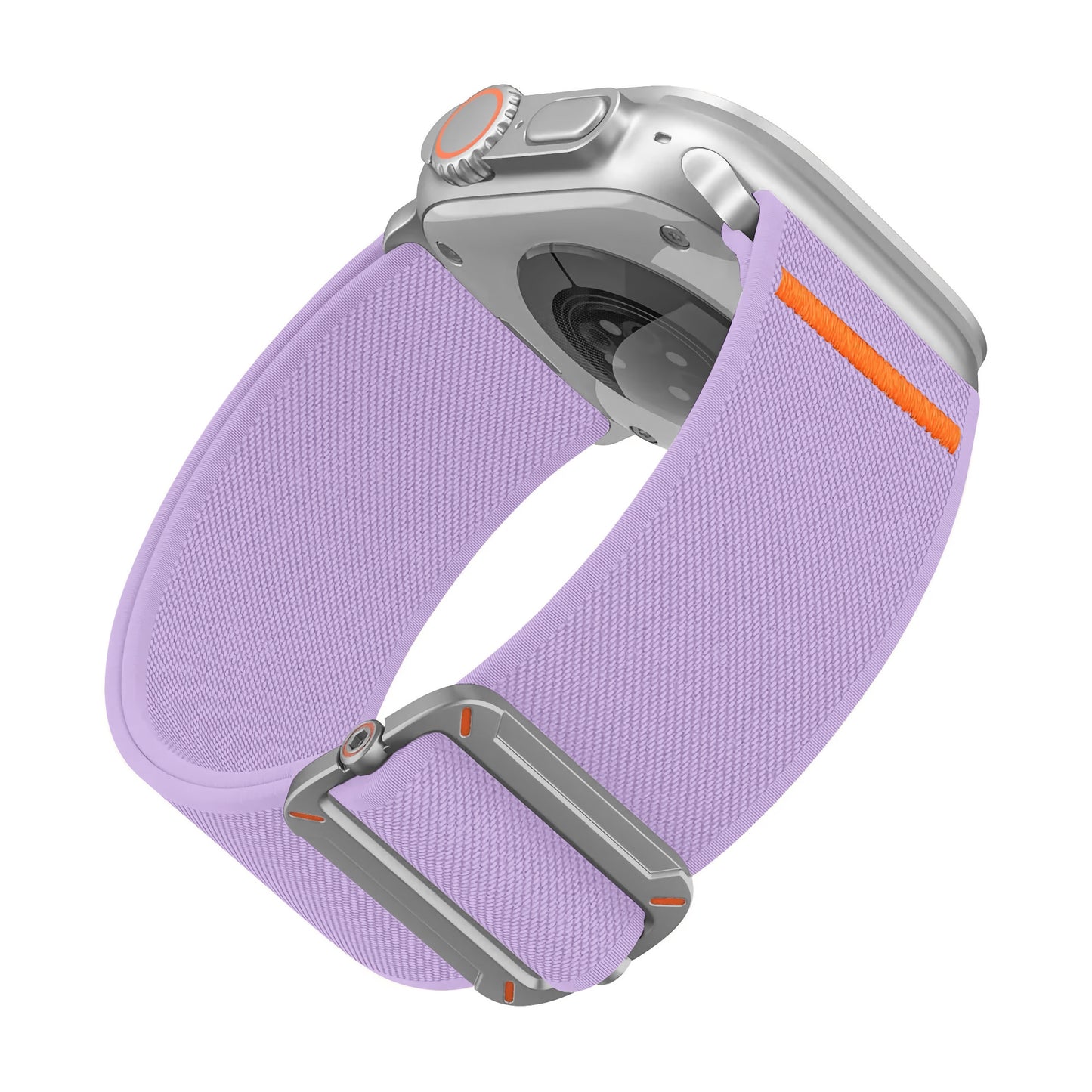 Das arktisband Apple Watch Nylonarmband "FlexOne" von arktisband hat ein lavendelfarbenes Stretch-Nylonband mit orangefarbenen Akzenten, hier aus einer schrägen Rückansicht.