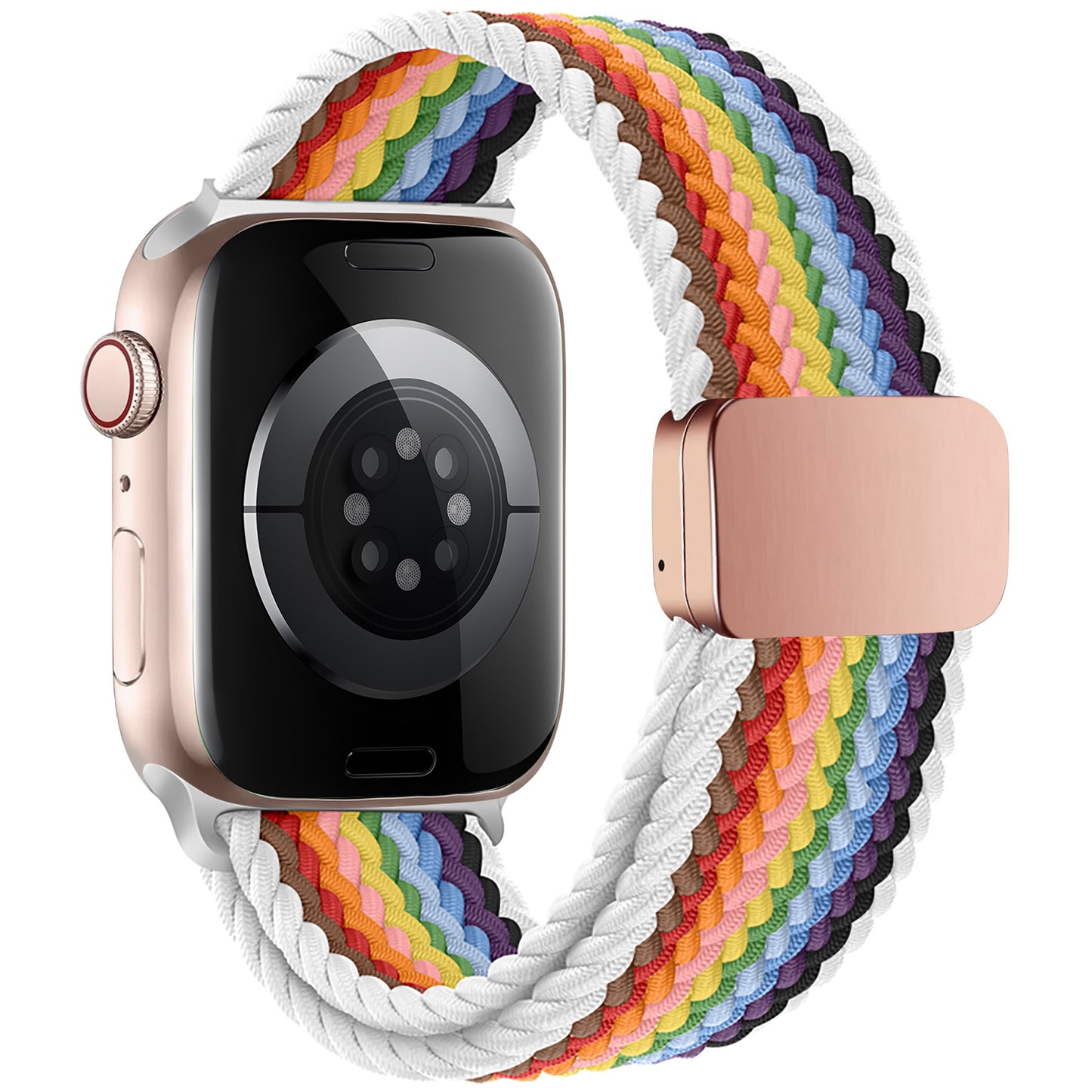 Das arktisband Geflochtene Apple Watch Armband „Casual“ Rainbow Edition zeigt sich auf einer Smartwatch mit roségoldenem Gehäuse; sein geflochtenes Polyestergarn-Armband besticht durch Regenbogenfarben, weiße Ränder, Sensoren und den von hinten sichtbaren Verschlussmechanismus.