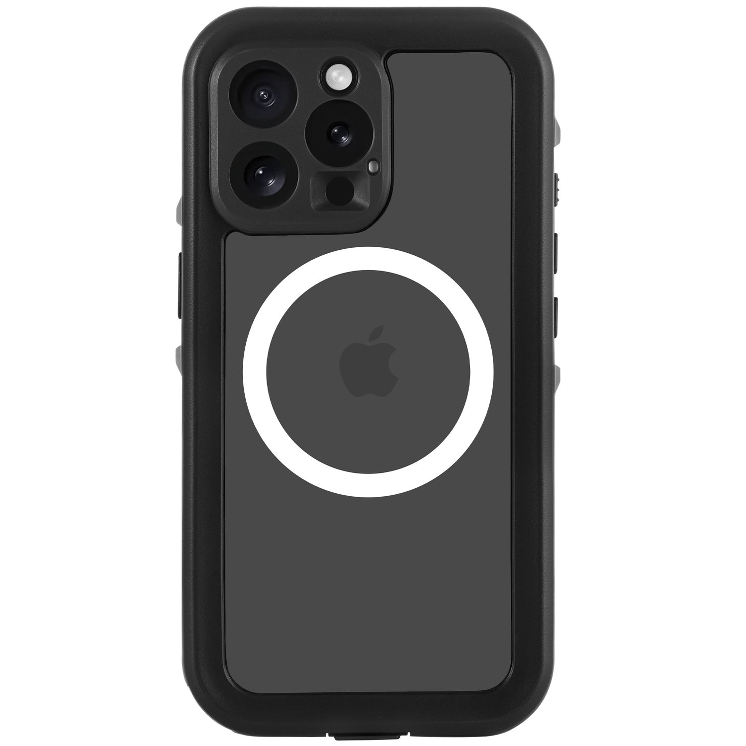 Das arktis iPhone 16 Pro Wasserdichtes Actioncase ist eine schwarze, stoßfeste Hülle mit weißem MagSafe-Ring und zentriertem Apple-Logo, entwickelt für iPhones mit Dreifachkamera der Marke arktis.