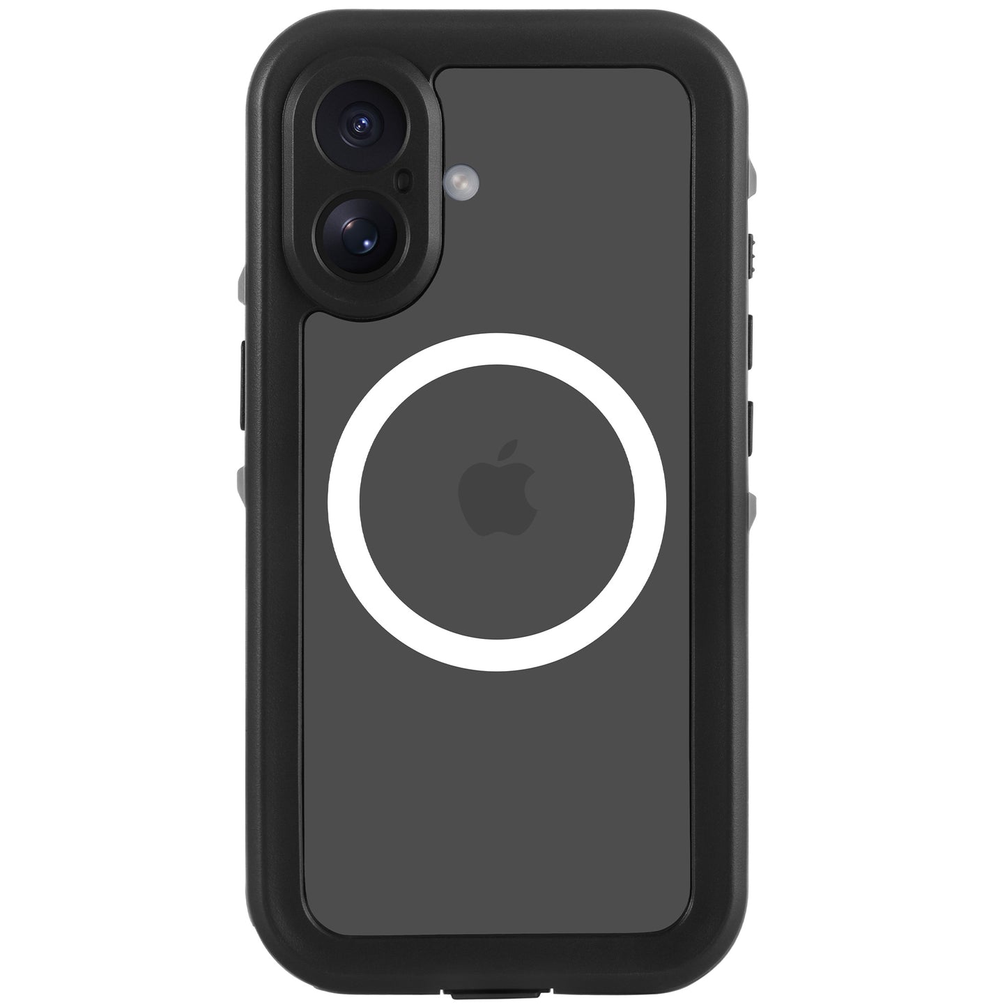 Das arktis iPhone 16 Wasserdichtes Actioncase von arktis ist ein schwarzes, robustes, wasserdichtes und stoßfestes Gehäuse mit Dual-Kamera-Unterstützung und einem weißen MagSafe-Ladekreis auf der Rückseite.