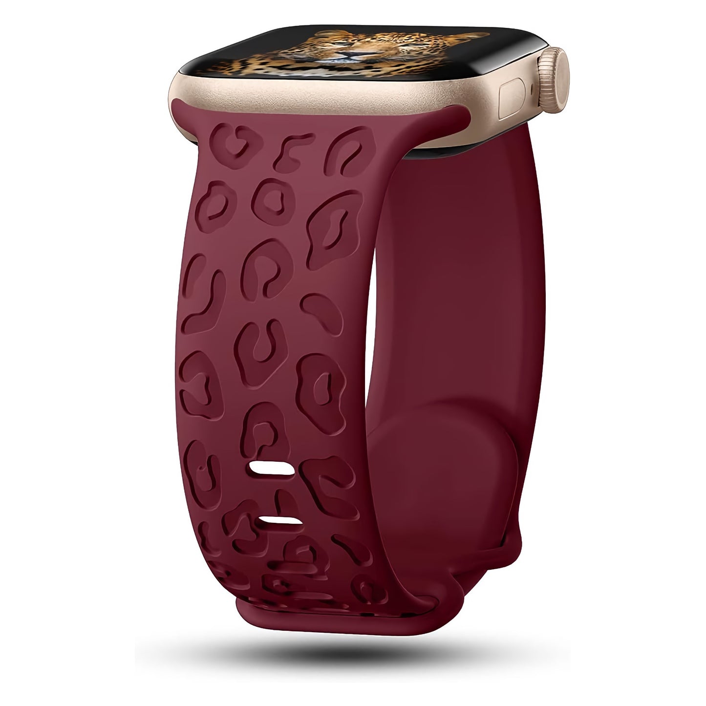 Das arktisband Apple Watch Armband „Leopard“ verfügt über ein goldenes Gehäuse, ein burgunderfarbenes Silikonband mit erhabenem Leopardenmuster und ein Tigergesicht. Es ist mit der Apple Watch kompatibel.