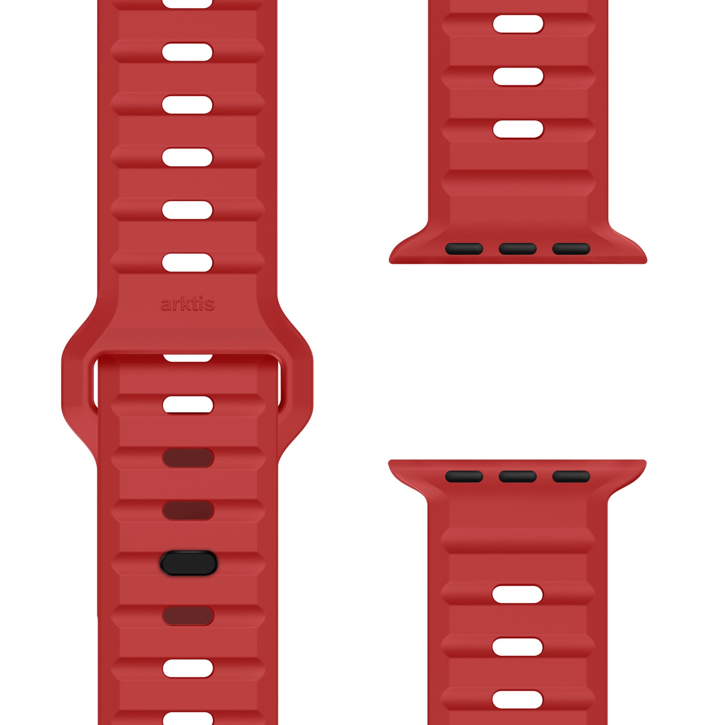 Das arktisband Apple Watch Silikonarmband „Active“ von arktisband wird aus mehreren Winkeln gezeigt und zeigt seine gerippte Textur, die atmungsaktiven rechteckigen Löcher, den Hauptverschlussbereich und Nahaufnahmen der Anschlussschlitze an den Bandenden.