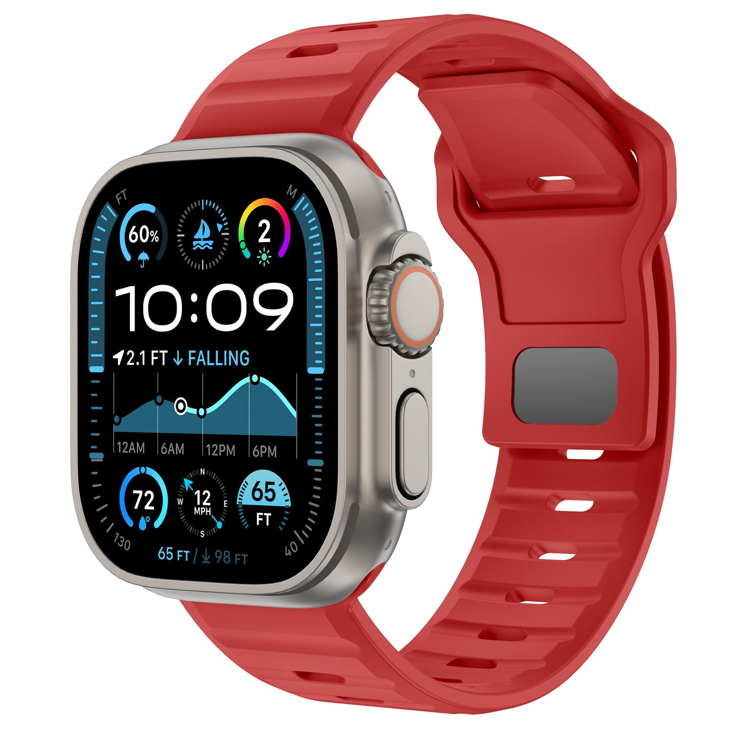 Das arktisband Apple Watch Silikonarmband „Active“ verfügt über ein rechteckiges Display, das die Uhrzeit (10:09) und Gesundheitsstatistiken wie Schritte, Herzfrequenz, Temperatur und Höhenänderungen anzeigt.