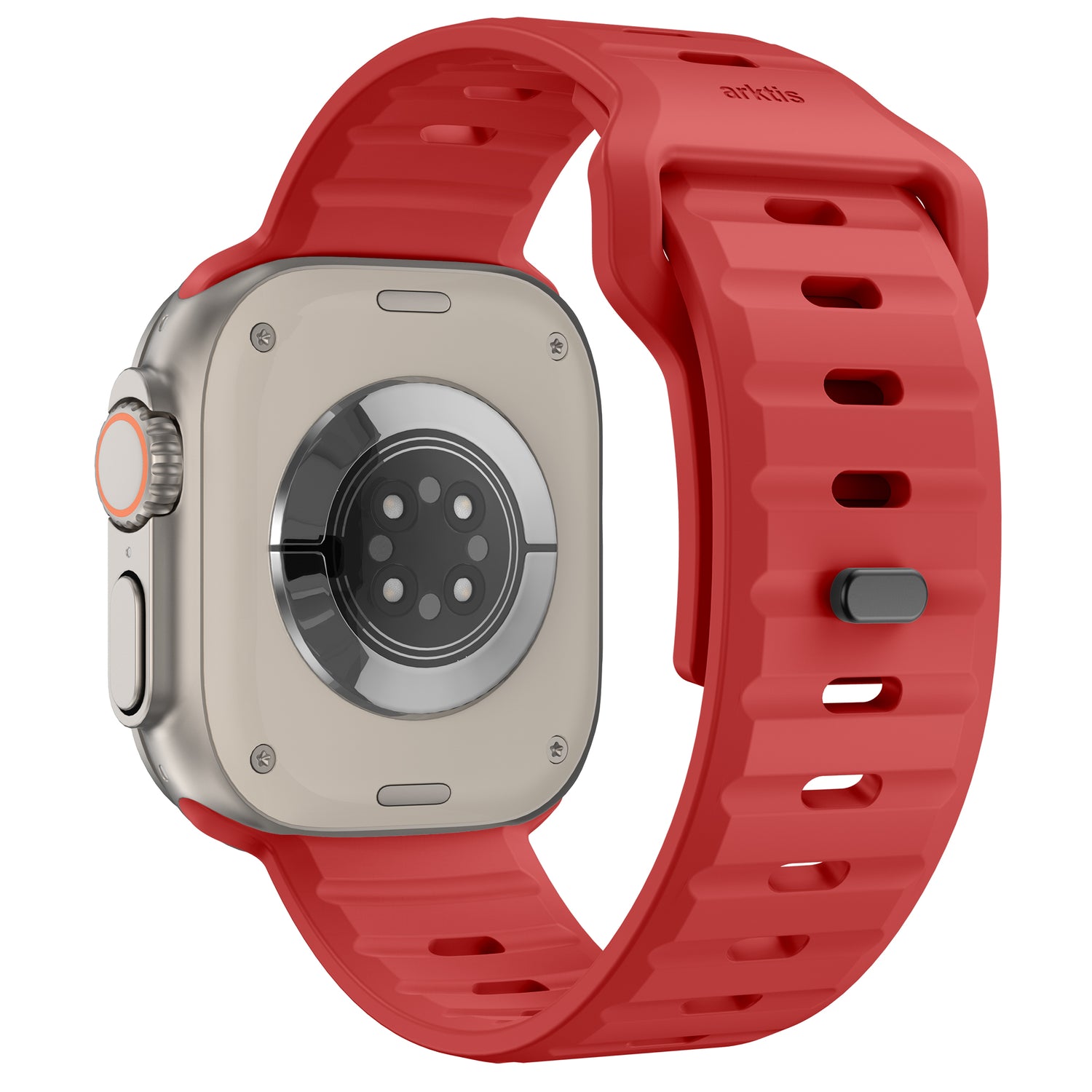 Das arktisband Apple Watch Silikonarmband „Active“ von arktisband wird von der Rückseite einer quadratischen, silbernen Smartwatch gezeigt und hebt sein rotes, atmungsaktives Design und die sicheren Befestigungspunkte für das Apple Watch-Armband hervor.