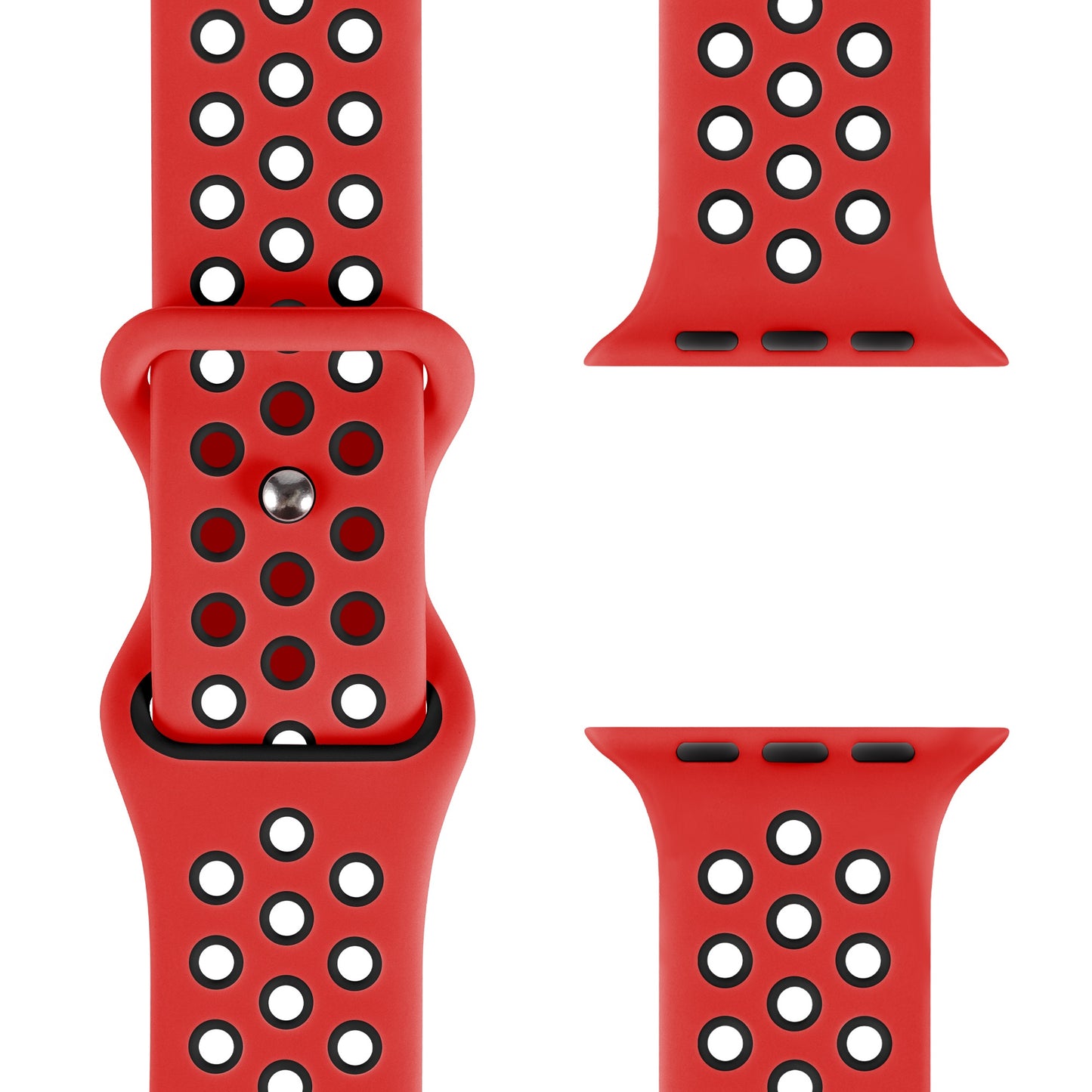 Das arktisband Apple Watch Silikonarmband „Energy“ in Rot mit Reihen schwarz umrandeter Löcher wird aus mehreren Winkeln präsentiert, um Schnalle, Riemen und Befestigungsenden hervorzuheben.
