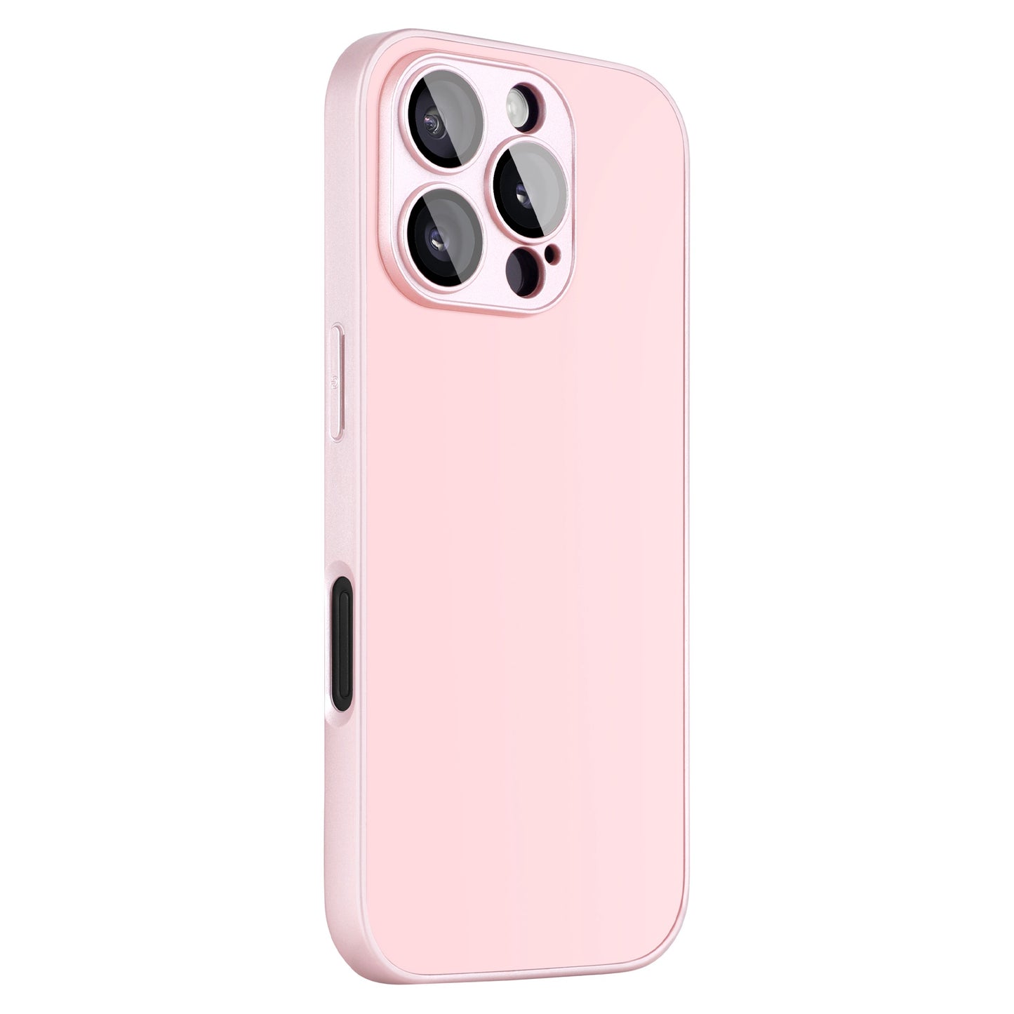 Ein arktis iPhone 16 Pro Tech Case in Hellrosa aus stoßdämpfendem TPU-Silikon passt auf ein aufrecht stehendes iPhone auf einer weißen Oberfläche. Das Telefon verfügt über drei Kameras auf der Rückseite und einen Blitz in der oberen linken Ecke.