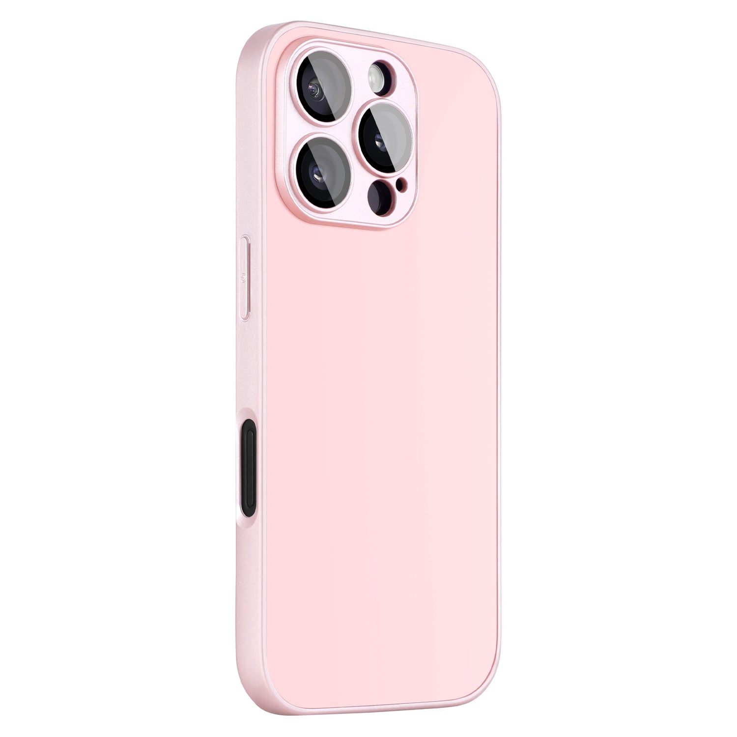 Das arktis iPhone 16 Pro Max Tech Case, abgebildet in hellrosa TPU-Silikon, wird auf einem Smartphone von der Rückseite aus in einem leichten Winkel angezeigt und hebt drei große Kameraobjektive und einen Blitz in der oberen linken Ecke hervor.