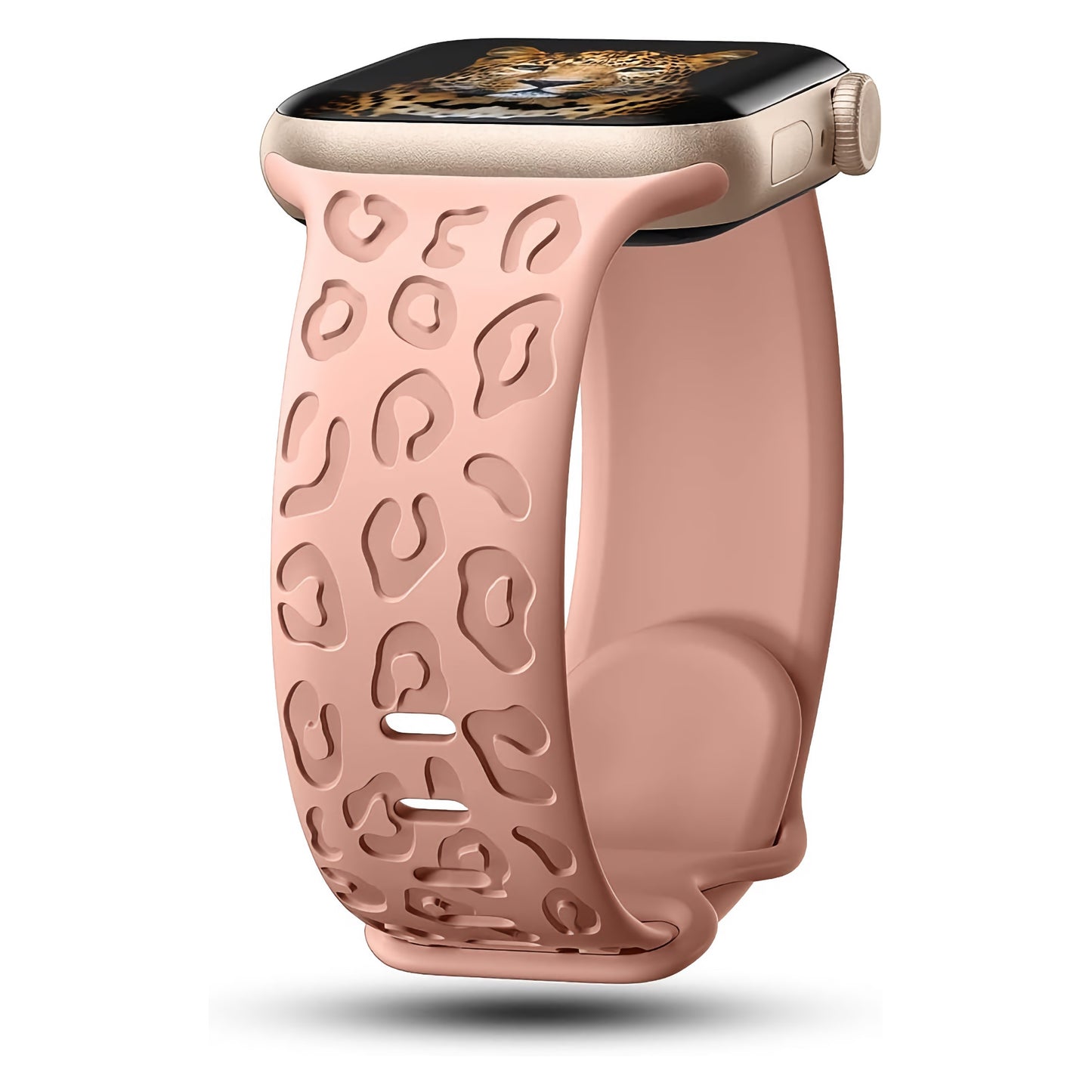 Das arktisband Apple Watch Armband "Leopard" von arktisband verfügt über ein goldenes Gehäuse, ein hellrosa Silikonband mit erhabenem Leopardenmuster und ein Tigergesicht. Kompatibel mit der Apple Watch für nahtlose Konnektivität.