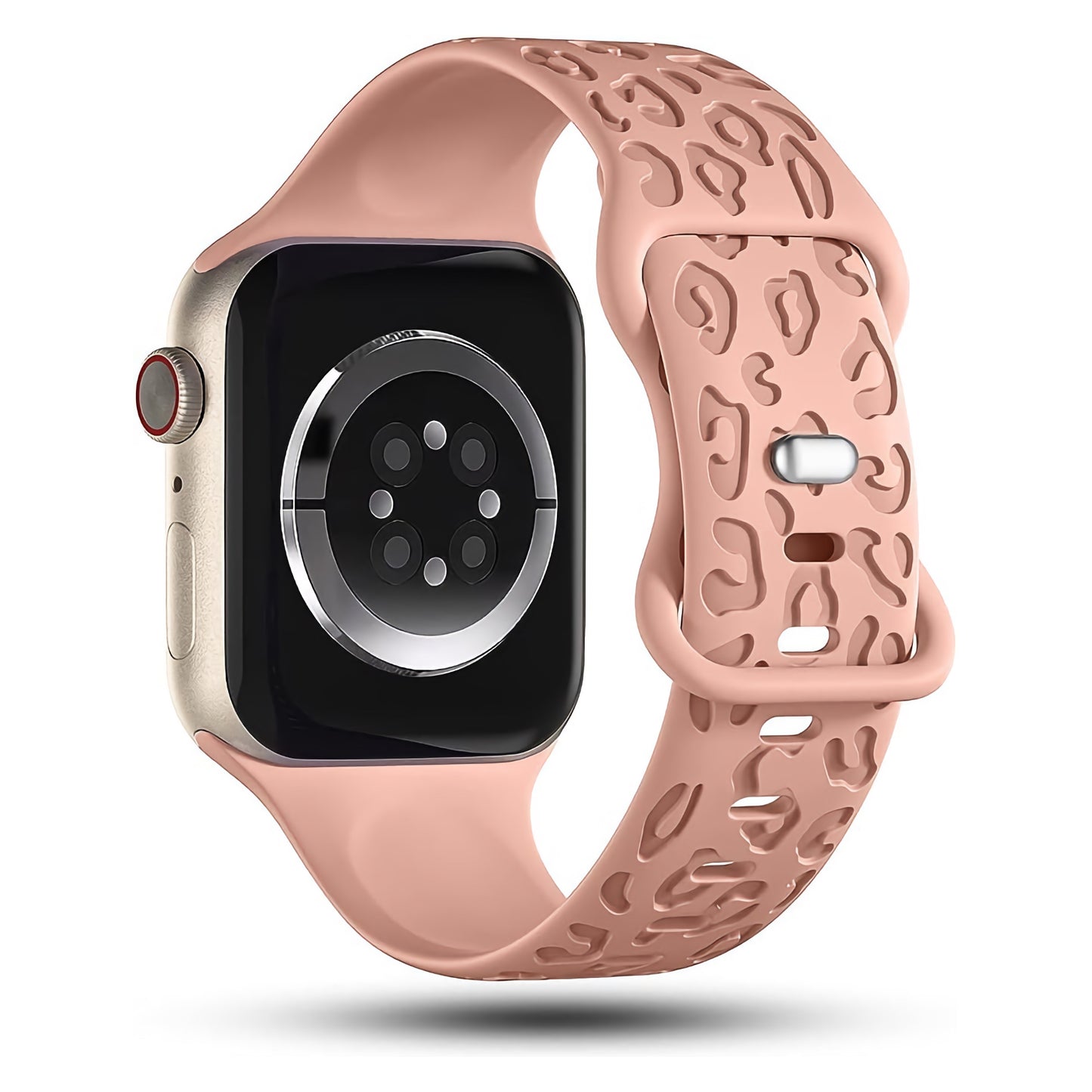 Das arktisband Apple Watch Armband "Leopard" besteht aus einem rosa Silikonband mit erhabenem abstrakten Muster und einem rechteckigen schwarzen Zifferblatt von hinten und von der Seite. Kompatibel mit der Apple Watch.