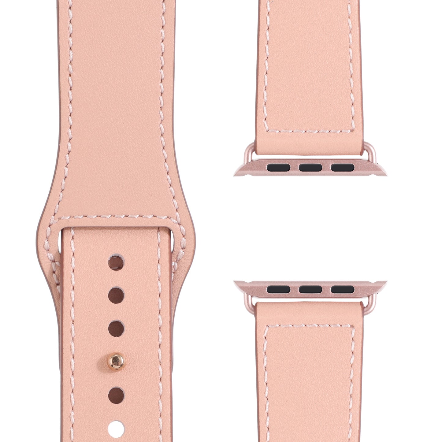 Das im Detail gezeigte, zweiteilige arktisband Apple Watch Kunstlederarmband in hellrosa mit weißen Nähten bietet einen minimalistischen Look und maximalen Komfort.