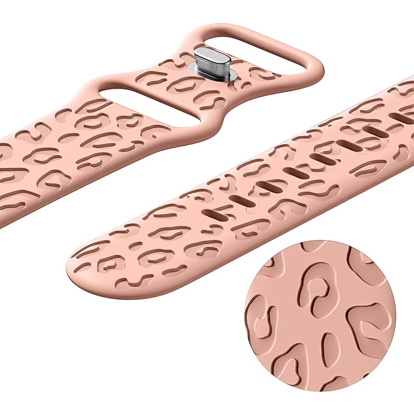Nahaufnahme des arktisband Apple Watch Armbands "Leopard" in Pink mit abstraktem Leopardenmuster. Ein Einschub zeigt die einzigartige Textur und das Design. Das Armband ist Apple Watch kompatibel.