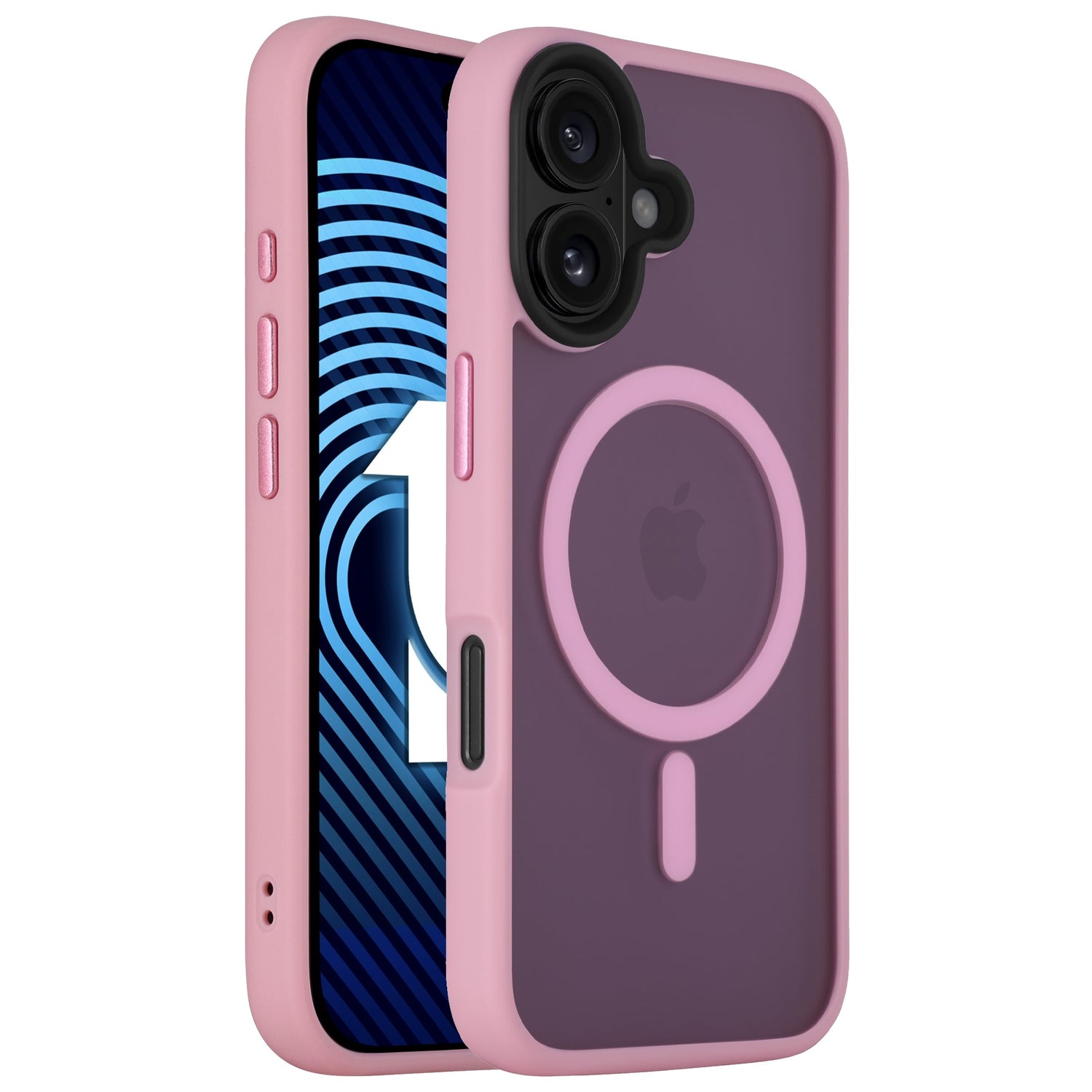 Das Arktis iPhone 16 Plus Solid Case verfügt über ein minimalistisches, mattes Finish in Lila und Pink, ein MagSafe-kompatibles kreisförmiges Design mit Apple-Logo und besteht aus stoßdämpfendem TPU-Silikon für zusätzlichen Schutz.