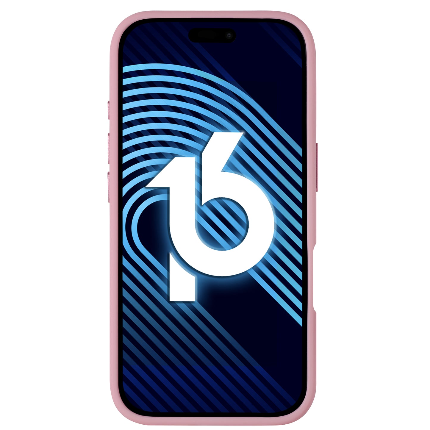 Das Arktis iPhone 16 Pro Max Solid Case aus rosa stoßabsorbierendem TPU-Silikon wird auf einem Smartphone gezeigt, das eine stilisierte Zahl 16 vor einem blau gestreiften Hintergrund anzeigt.