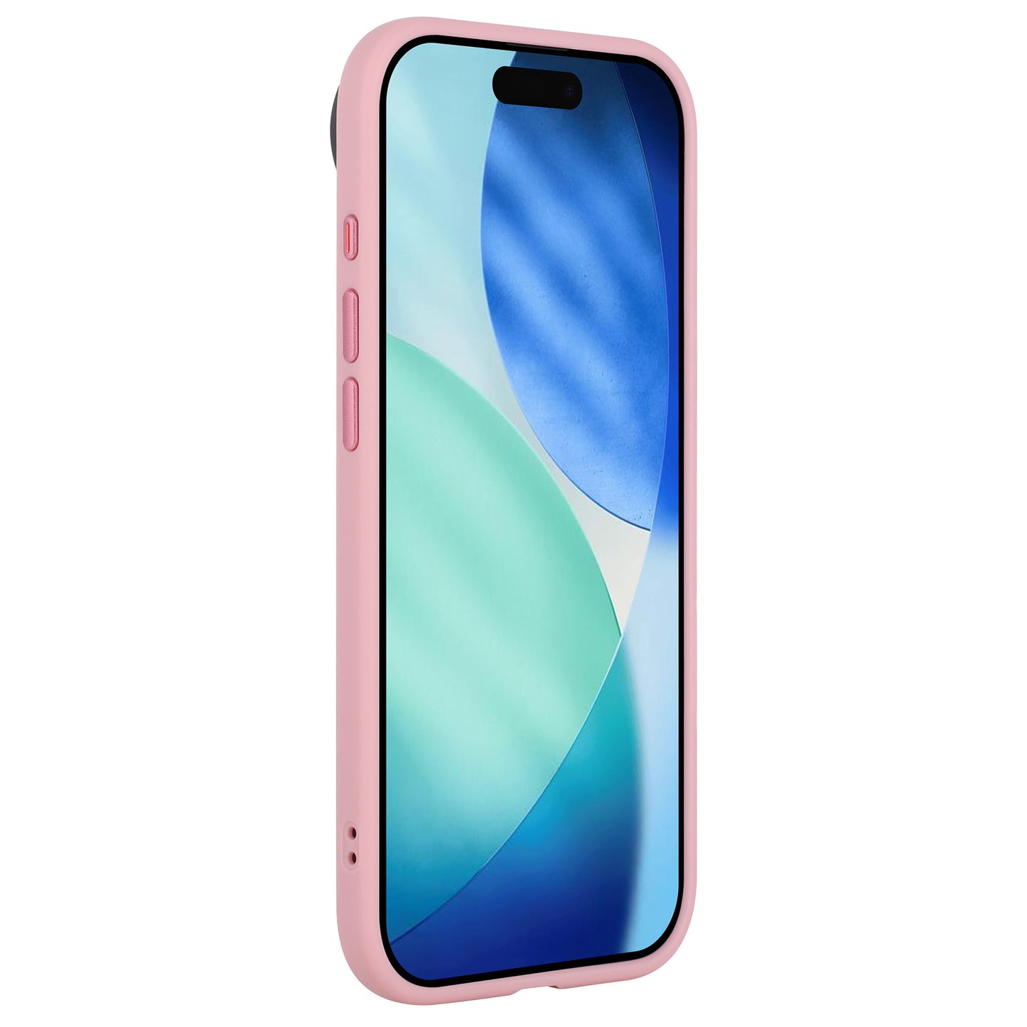 Das Arktis iPhone 17 Air Solid Case von Arktis ist in hellrosa matt mit einem iPhone abgebildet, das ein abstraktes blau-grünes Hintergrundbild zeigt, von der linken Seite aus gesehen.