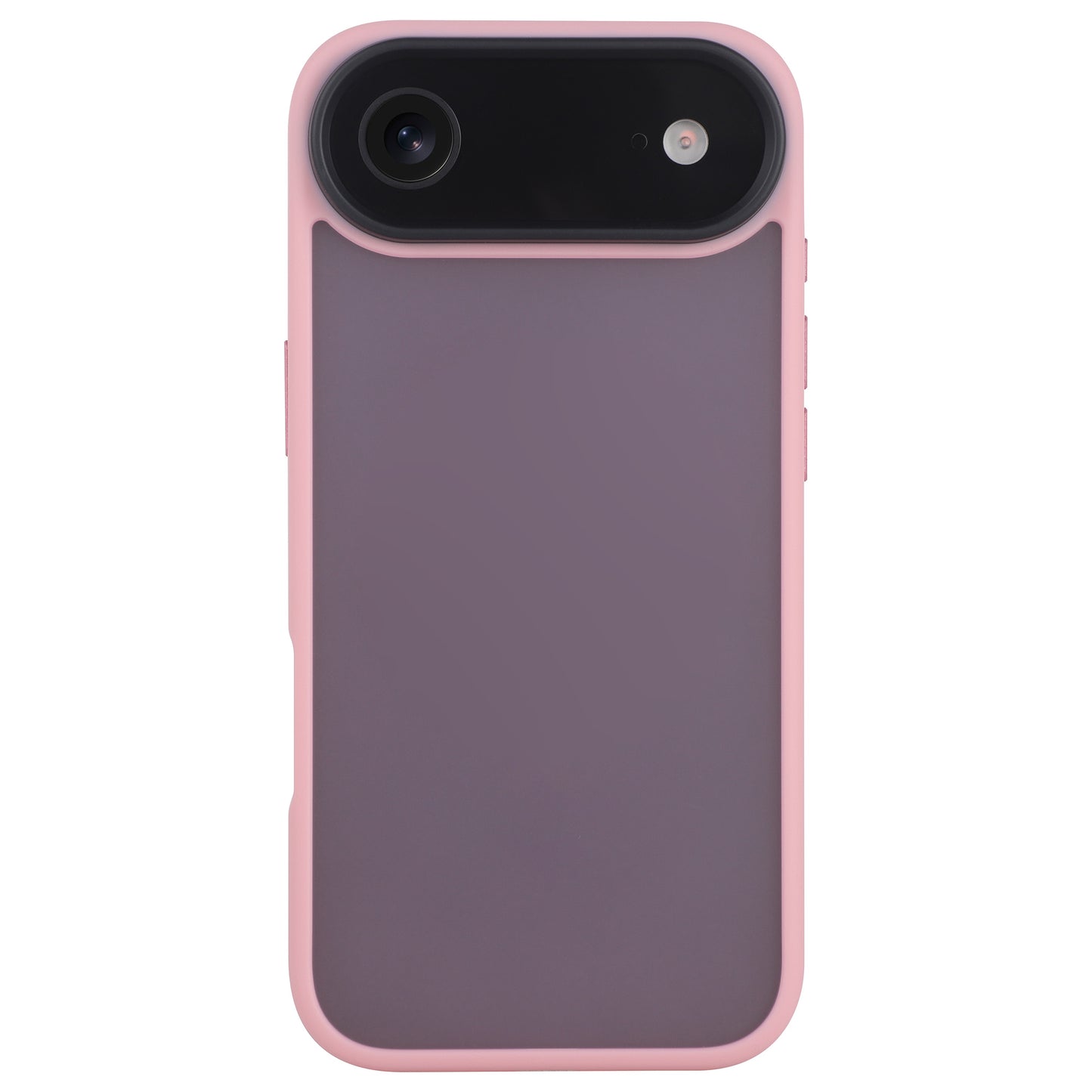 Ein Smartphone mit dem Arktis iPhone 17 Air Solid Case in Pink und Grau, mit einem matten Schutzdesign, freiem Blick auf Kamera und Blitz und stoßabsorbierendem TPU-Silikon von Arktis für zusätzlichen Schutz.