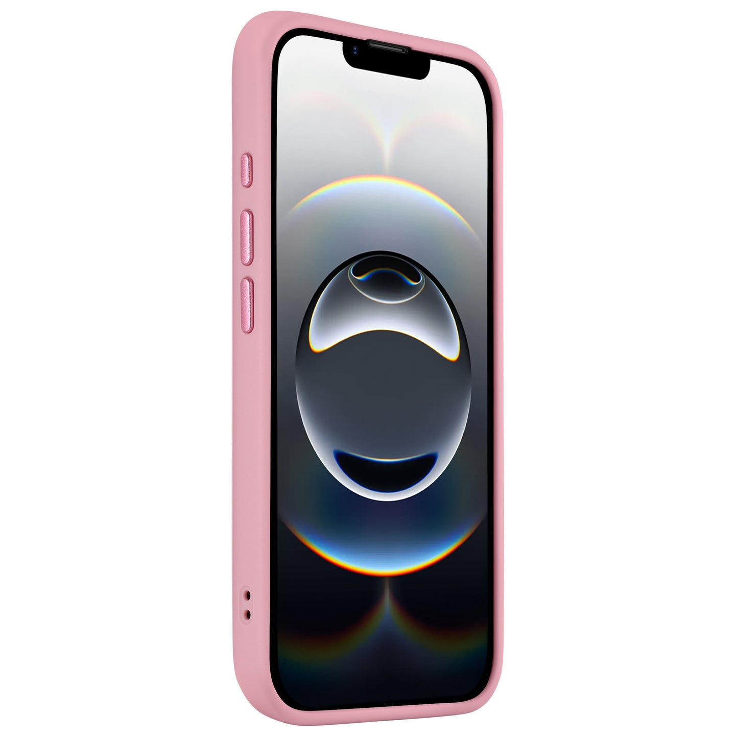 Ein iPhone 16e mit einem rosafarbenen, matten Arktis iPhone 16e Solid Case mit MagSafe von Arktis zeigt ein buntes abstraktes Muster auf dem Display.