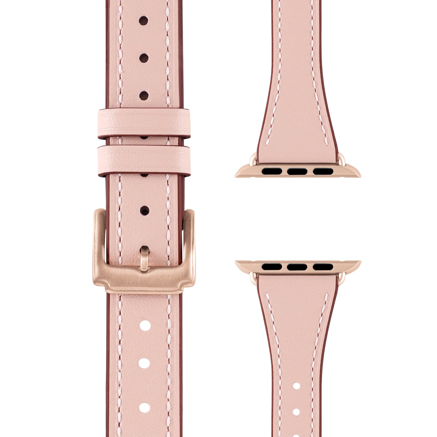 Das Arktisband Apple Watch Lederarmband „Napoli“ in zartem Rosa mit roségoldener Schließe und Steckverbindern, präsentiert im minimalistischen Stil: Frontansicht mit geschlossener Schließe, zwei separate Seitenstücke für Smartwatch-Integration.