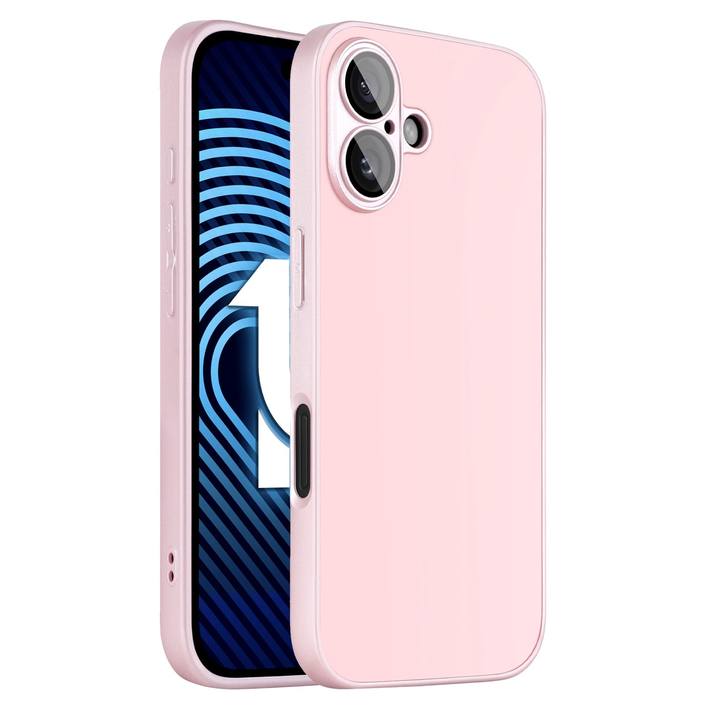 Das arktis iPhone 16 Tech Case in Hellrosa zeigt ein Smartphone aus stoßdämpfendem TPU-Silikon. Die Rückseite zeigt zwei Kameralinsen und einen Blitz; der Bildschirm zeigt ein blau-schwarzes geometrisches Muster mit einem weißen Pfeil.