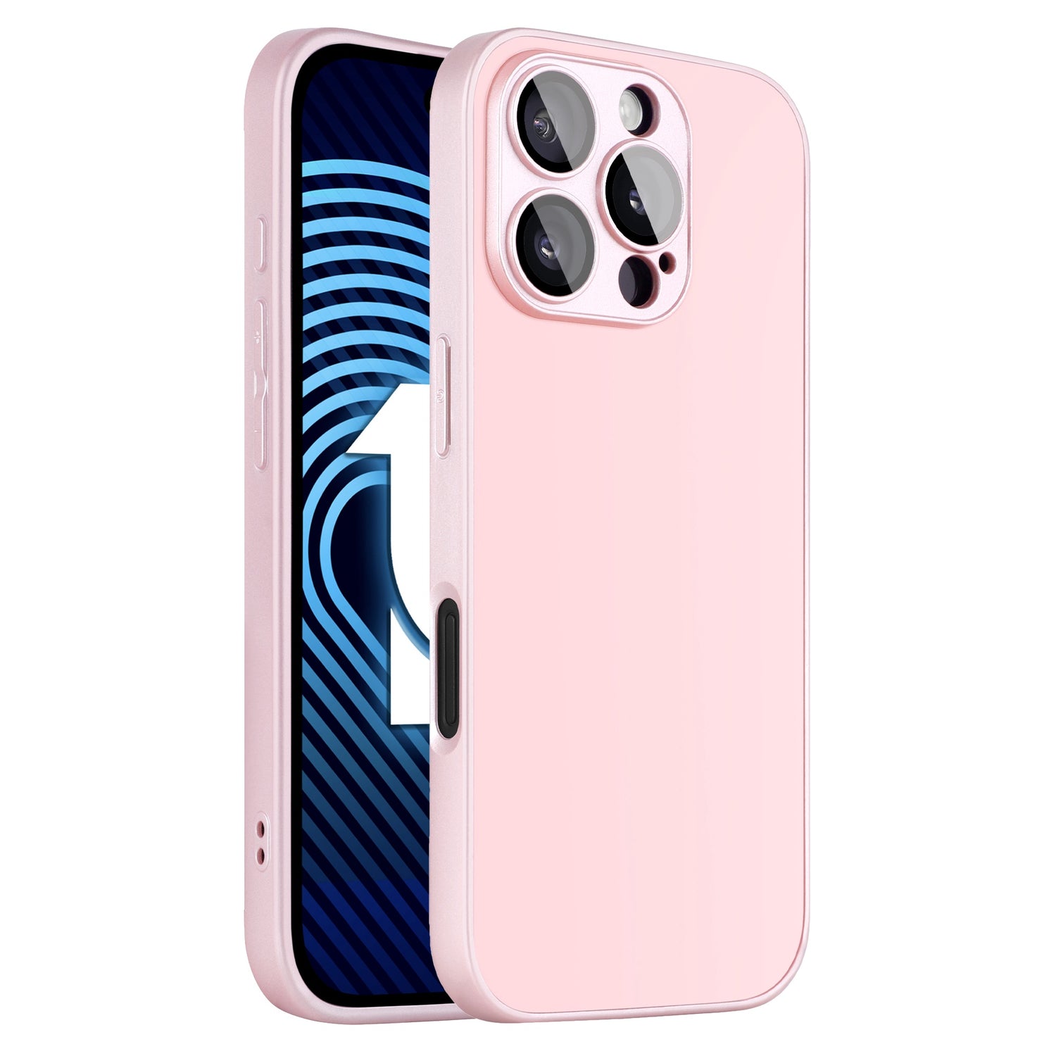 Ein blau-schwarz gemustertes Smartphone präsentiert sich im schlanken, hellrosa arktis iPhone 16 Pro Tech Case von arktis aus stoßdämpfendem TPU-Silikon. Auf der Rückseite des Handys befinden sich drei Kameralinsen und ein Blitz.