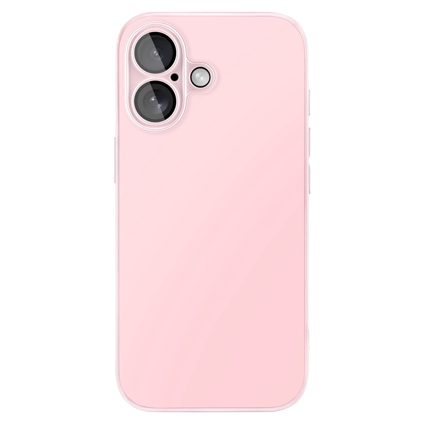 Das arktis iPhone 16 Tech Case von arktis ist in Pink gehalten und auf einem Telefon mit zwei Kameras auf der Rückseite und einem Blitz oben links angebracht. Es bietet stoßabsorbierendes TPU-Silikon, eine glatte, matte Oberfläche und abgerundete Kanten.