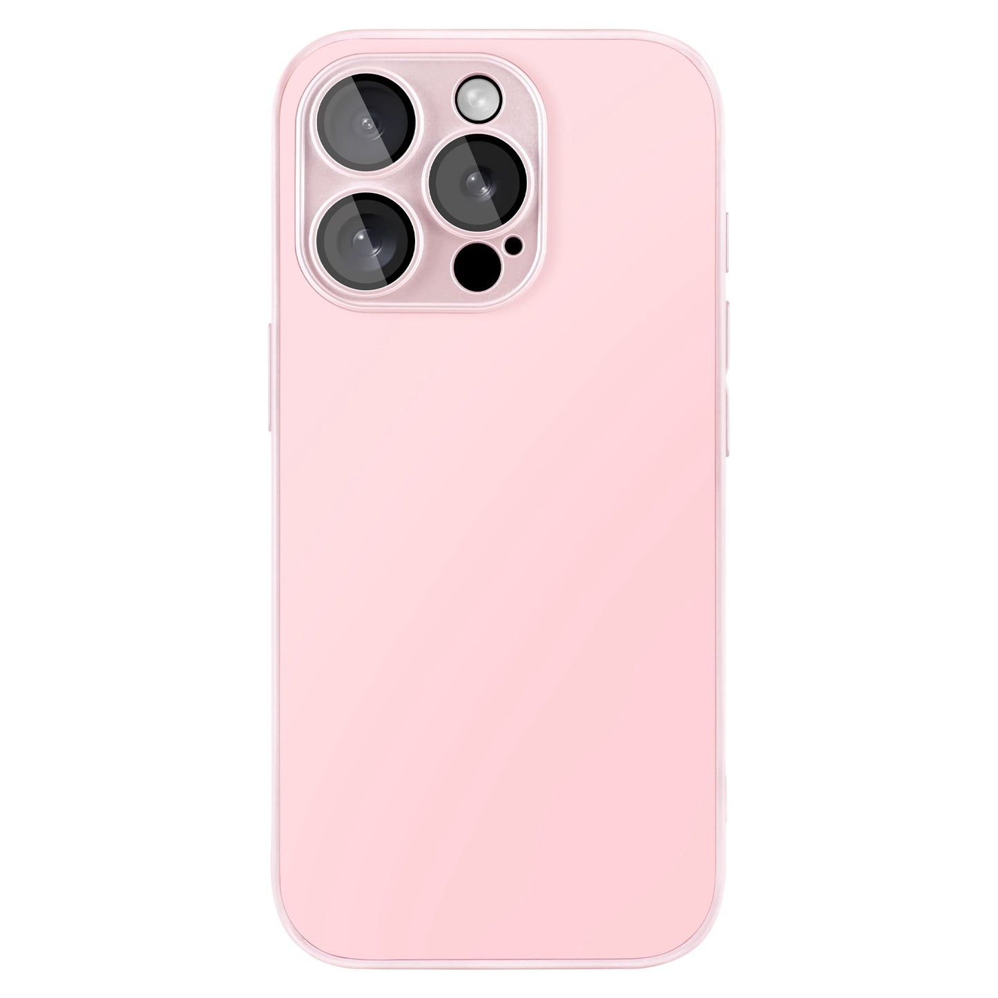 Das Bild zeigt die Rückseite eines arktis iPhone 16 Pro Tech Case in Hellrosa aus stoßdämpfendem TPU-Silikon, das drei Kameralinsen und einen Blitz in der oberen linken Ecke freigibt.