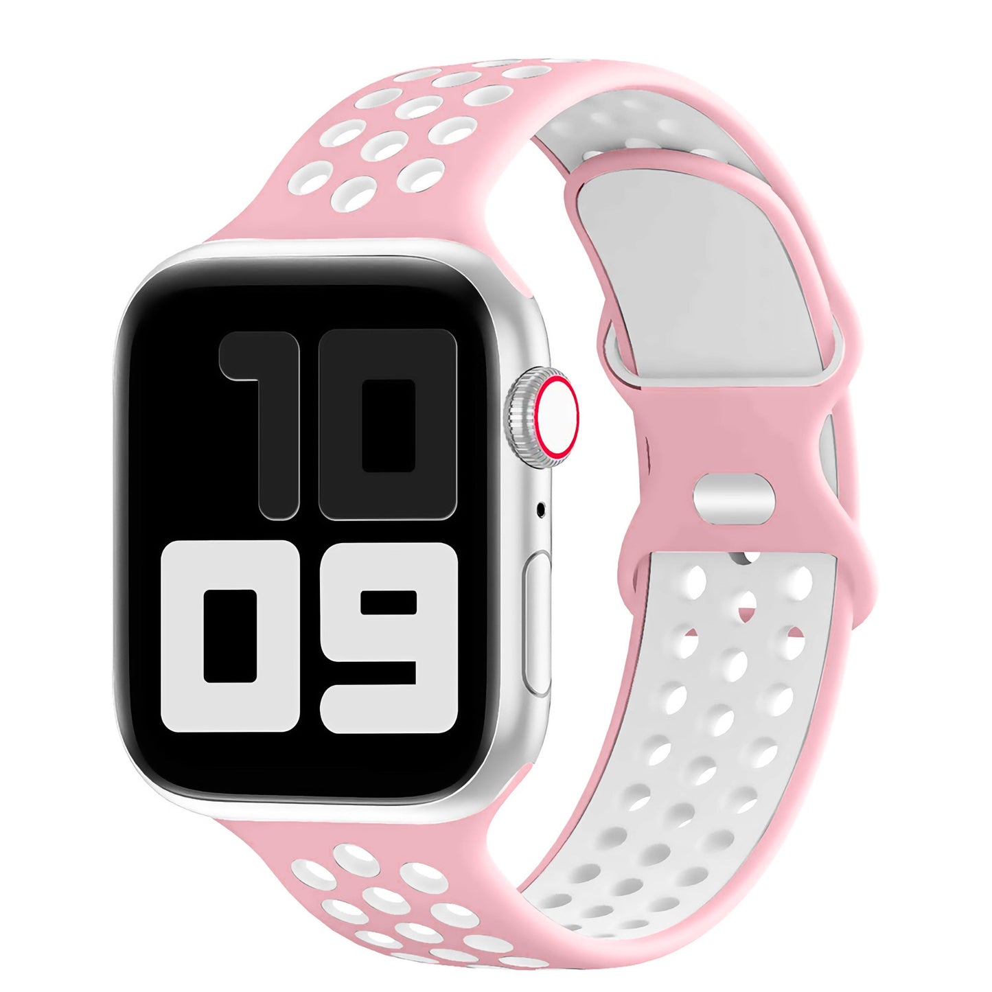Abgebildet ist das arktisband Apple Watch Silikonarmband "Energy" von arktisband in Pink und Weiß mit Perforationen und silbernem Gehäuse. Das Zifferblatt zeigt mit fetten Ziffern die Uhrzeit 10:09 Uhr.
