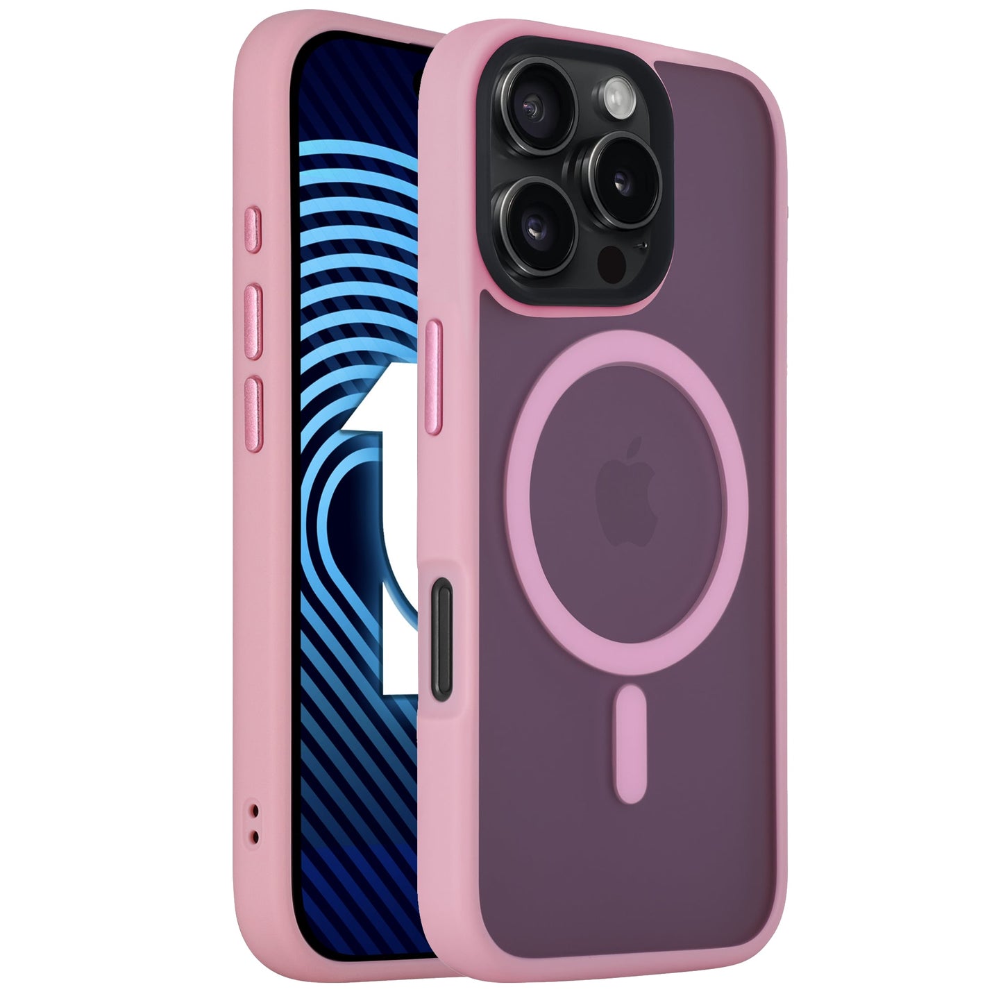 Das Arktis arktis iPhone 16 Pro Max Solid Case verfügt über ein rosa-violettes MagSafe-Ringdesign aus stoßdämpfendem TPU-Silikon mit minimalistischem Matt-Look, dargestellt auf einem Telefon mit einem blau gemusterten Bildschirm.