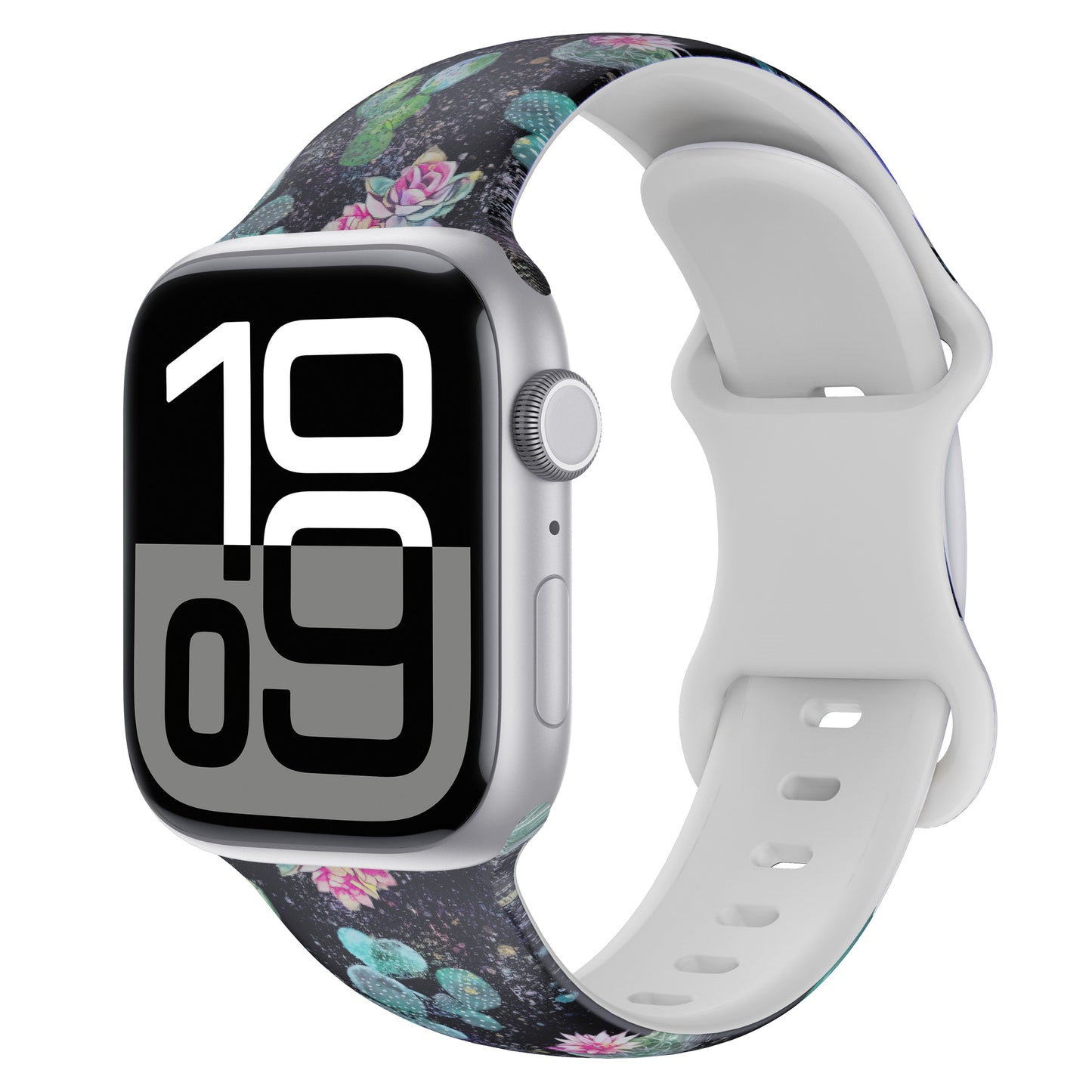 Die arktisband EDITION für Apple Watch von arktisband verfügt über ein großes digitales Display und ein floral gemustertes Silikonarmband mit Kaktus- und Sukkulentenmuster - perfekt für sportliche Aktivitäten.