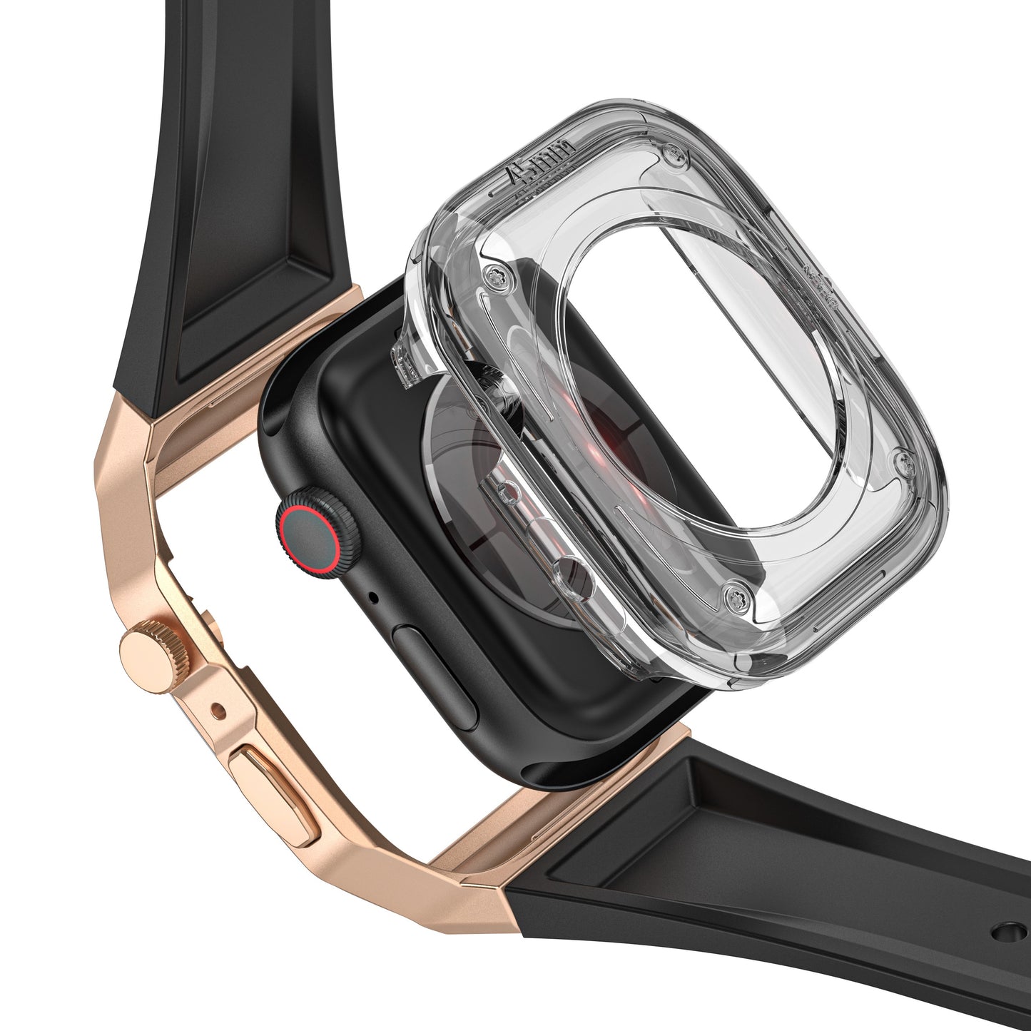 Eine transparente Schutzhülle wird auf das Apple Watch Armband "Metal Fusion" von arktisband aufgesetzt, das eine schwarz-goldene Smartwatch mit einem schwarzen Band zeigt.