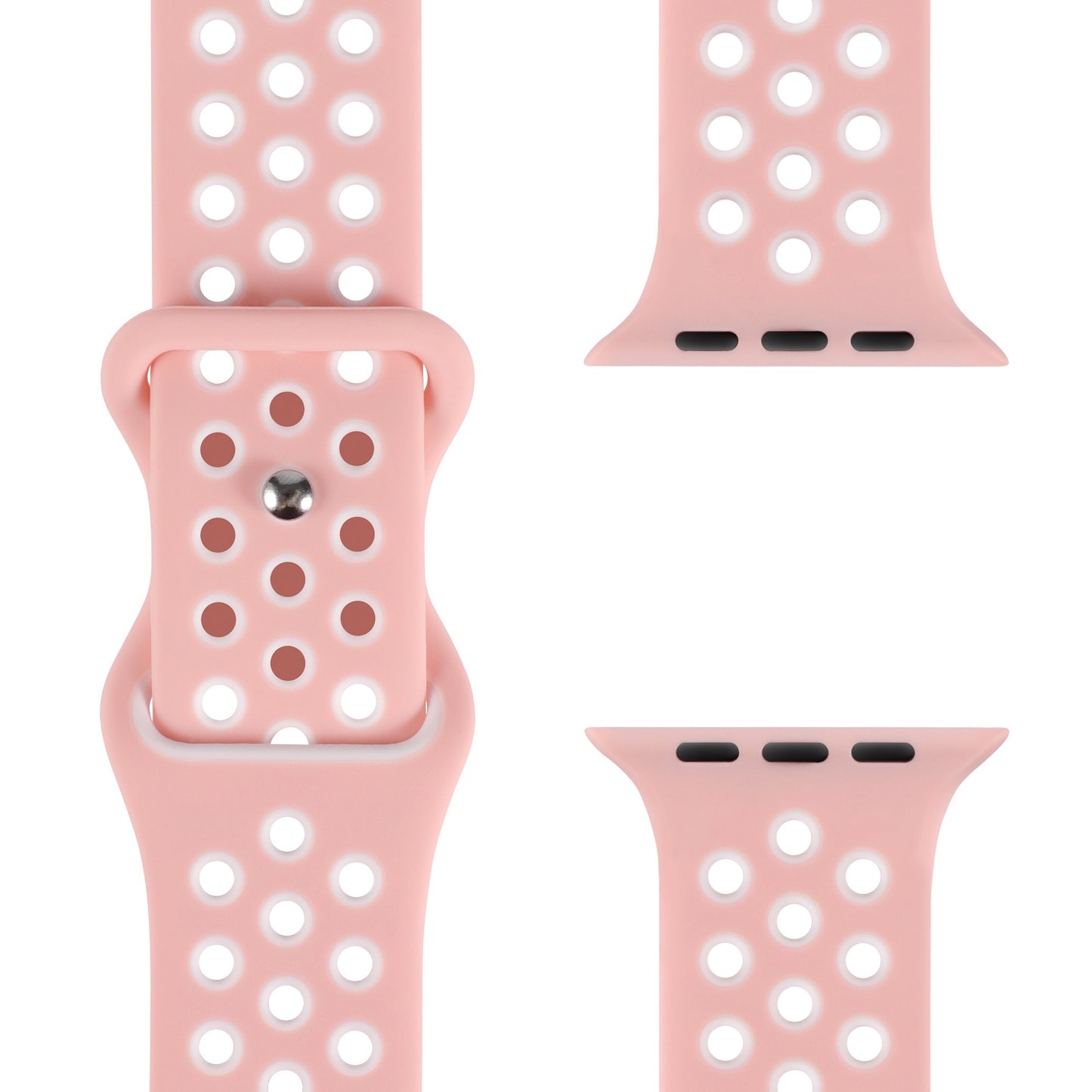 Das arktisband Apple Watch Silikonarmband „Energy“ von arktisband wird in Hellrosa mit weiß akzentuierten runden Löchern gezeigt und aus drei Winkeln dargestellt, darunter Nahaufnahmen der Schnalle und der Anschlüsse.