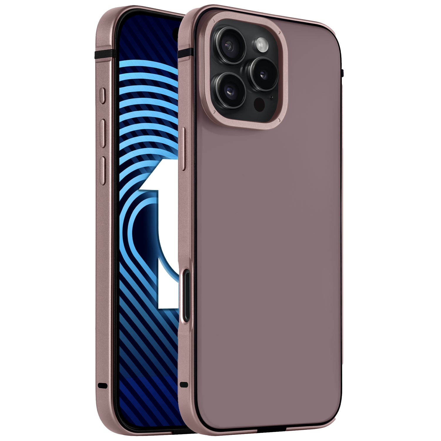 Ein iPhone 16 Pro mit dem arktis iPhone 16 Pro Case Avantgarde in Roségold von arktis, mit Anti-Fingerabdruck-Rückplatte und schlankem Aluminiumrahmen, zeigt sowohl den Frontbildschirm als auch die Rückkamera.