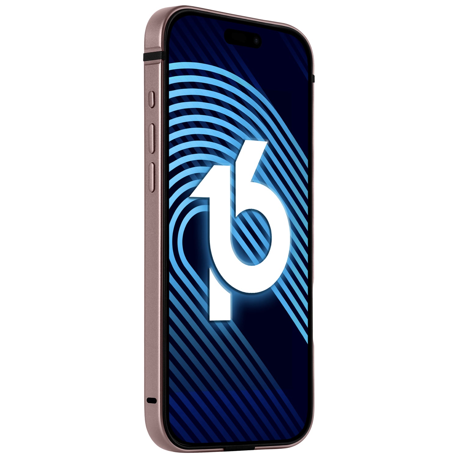 Das arktis iPhone 16 Pro Case Avantgarde von arktis, das aus einer schrägen Seitenansicht mit einer blauen abstrakten 16 auf dem Bildschirm gezeigt wird, verfügt über einen Aluminiumrahmen und eine Anti-Fingerabdruck-Rückplatte.