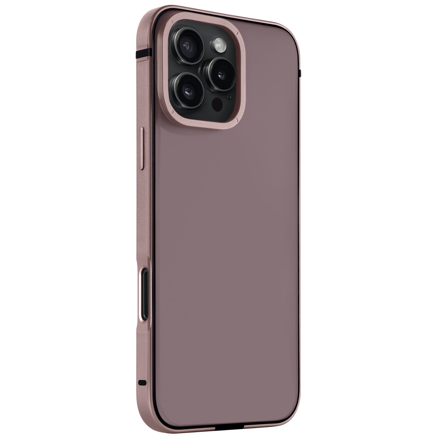 Ein roségoldenes Smartphone mit dem arktis iPhone 16 Pro Case Avantgarde, das über einen Aluminiumrahmen, eine Anti-Fingerabdruck-Rückplatte und freiliegende Kameralinsen auf der Rückseite verfügt.