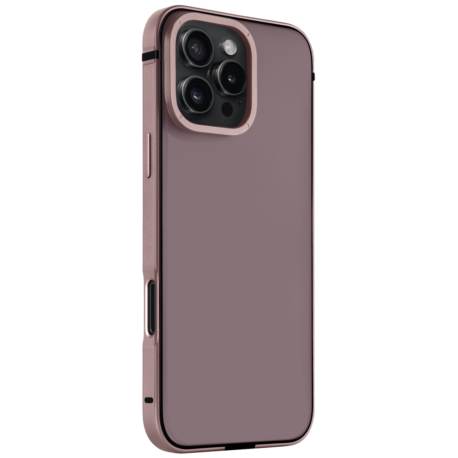 Ein roségoldenes Smartphone mit dem arktis iPhone 16 Pro Case Avantgarde, das über einen Aluminiumrahmen, eine Anti-Fingerabdruck-Rückplatte und freiliegende Kameralinsen auf der Rückseite verfügt.