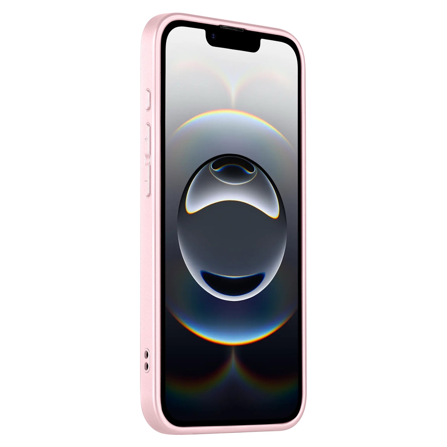 Ein schräg gehaltenes Smartphone mit rosa Rahmen zeigt eine digitale Abstraktion mit Kreisen und einer zentralen Kugel, geschützt durch das arktis iPhone 16e Tech Case aus stoßabsorbierendem TPU-Silikon; seitliche Tasten und Ladeanschluss bleiben sichtbar.