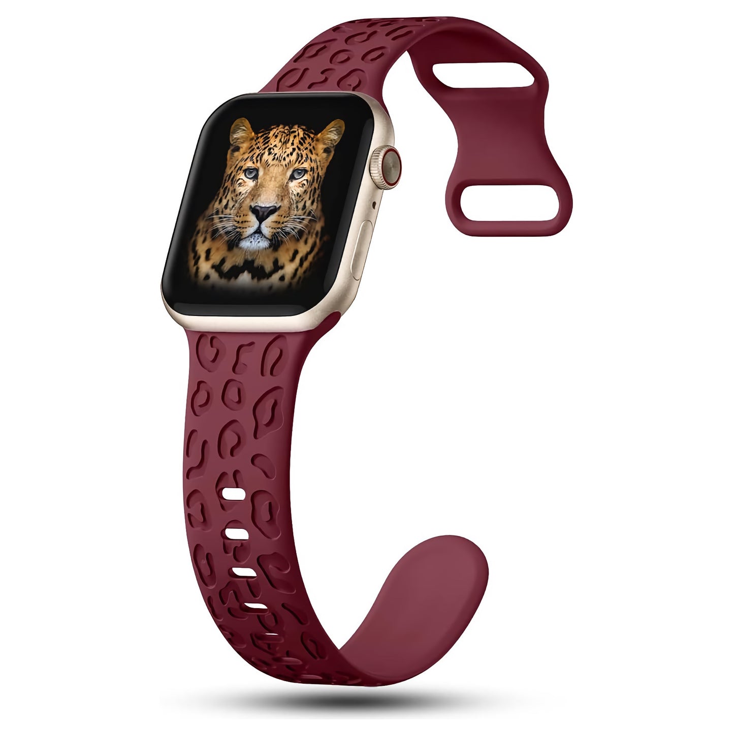 Das arktisband Apple Watch Armband „Leopard“ besteht aus einem kastanienbraunen, perforierten Silikonband mit Leopardenmuster und ist mit der Apple Watch kompatibel – es vereint Stil und Funktionalität. Marke: arktisband.