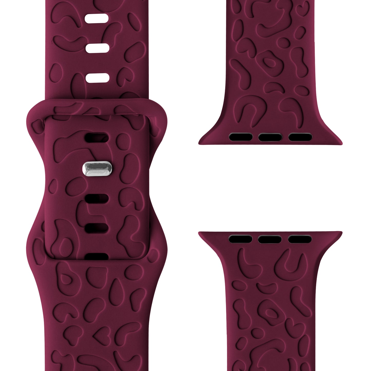 Arktisband Apple Watch Armband „Leopard“: Maroones Silikonarmband mit erhabenem, abstraktem Muster, mehreren Einstellungslöchern und silbernem Schließe; aus verschiedenen Perspektiven vor weißem Hintergrund gezeigt.